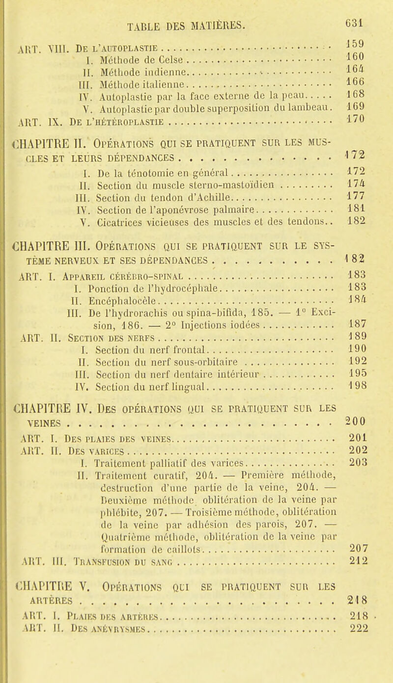 AlîT. De l'autoplastie • I. Méthode de Celse II. Méthode indienne ^ III. Méthode italienne IV. Autoplastie par la face externe de la peau V. Autoplastiepar double superposition du lambeau. ART. IX. De l'hétéroplâstie <:I1AP1TRE IL Opérations qui se pratiquent sur les mus- cles ET LEURS DÉPENDANCES I. De la ténotomie en général II. Section du muscle sterno-mastoïdien III. Section du tendon d'Achille IV. Section de l'aponévrose palmaire V. Cicatrices vicieases des muscles et des tendons.. CHAPITRE III. Opérations qui se pratiquent sur le sys- tème NERVEUX et ses DÉPENDANCES 1 82 ART. I. Appareil cérébro-spinal 183 I. Ponction de l'hydrocéphale 183 II. Encéphaloccle 184 III. De l'hydrorachis ou spina-bifida, 185. — i° Exci- sion, 186. — 2° Injections iodées 187 ART. II. Section DES NERFS 189 I. Section du nerf frontal 190 II. Section du nerf sous-orbitaire 192 III. Section du nerf dentaire intérieur 195 IV. Section du nerf lingual 198 <JHAP1TP.E IV. Des opérations qui se pratiquent sur les VEINES 200 ART. I. Des plaies des veines 201 ART. II. Des varices 202 I. Traitement palliatif des varices 203 II. Traitement curatif, 204. — Première méthode, destruction d'une partie de la veine, 204. — Deuxième méthode oblitération de la veine par phlébite, 207. — Troisième méthode, oblitération de la veine par adhésion des parois, 207. — Uuatricme méthode, oblitération de la veine par formation de caillots 207 ART. III. Transfusion du sang 212 miAPlTIlE V. Opérations qli se pratiquent sur les artères 218 ART. I. Plaies DKS ARTÉUES 218 • ART. II. Des ANÉYRYSMES 222 159 160 164 166 168 109 170