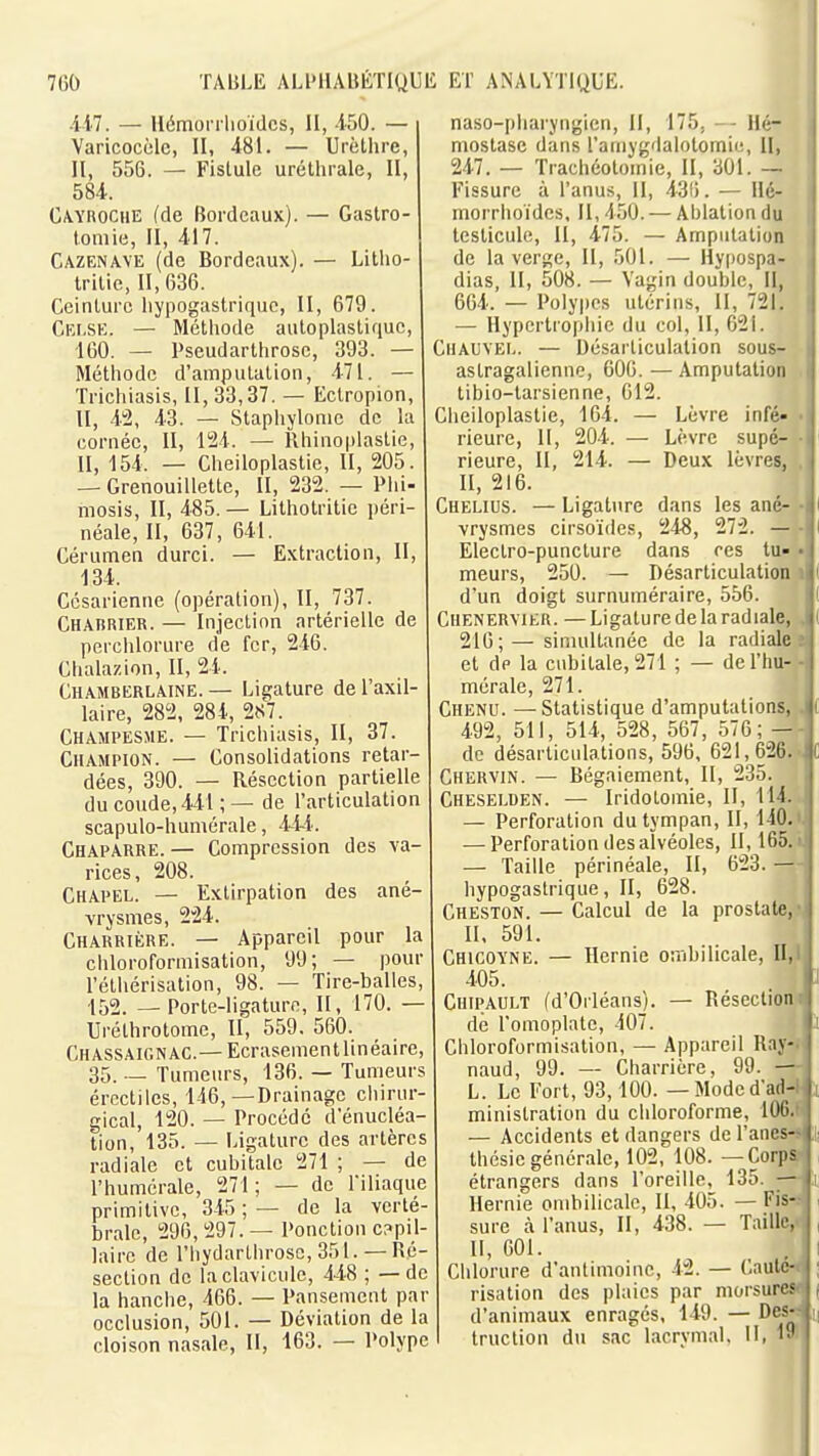 Ail. — llémorrlioïdcs, H, 450. — Varicocèlc, II, 481. — Urèthre, II, 556. — Fistule urélhrale, II, 584. C/VYROCHE (de Bordeaux). — Gastro- tomie, II, 417. Cazenave (de Bordeaux). — Litlio- Irilie, 11,636. Ceinture liypogastriquc, II, 679. Cef.se. — Métiiode auloplaslique, 160. — Pseudarthrosc, 393. — Méthode d'amputation, 471. — Tricliiasis, II, 33,37. — Eclropion, II, 42, 43. — Staphylome de la cornée, II, 124. — Rliinoplastie, II, 154. — Cheiloplastie, II, 205. — Grenouillette, II, 232. — Phi- mosis, II, 485. — Lithotritic péri- néale, II, 637, 641. Cérumen durci. — Extraction, II, 134. Césarienne (opération), II, 737. Charrier. — Injection artérielle de peichlorure de fer, 246. Chalazion, II, 24. Chamrerlaine. — Ligature de l'axil- laire, 282, 284, 287. Champesme. — Trichiasis, II, 37. Champion. — Consolidations retar- dées, 390. — Résection partielle du coude, 441 ; — de l'articulation scapulo-humérale, 4-i4. Chaparre. — Compression des va- rices, 208. Chapel. — Extirpation des ané- vrysmes, 224. Charrière. — Appareil pour la chloroformisation, 99; — pour l'éthérisation, 98. — Tire-balles, 152. — Porte-ligature, II, 170. — Uréthrotome, II, 559. 560. Chassaignac—Ecrasement linéaire, 35. — Tumeurs, 136. — Tumeurs ércctiles, 146,—Drainage chirur- gical, 120. — Procédé d'énucléa- tion, 135. — Ligature des artères radiale et cubitale 271 ; — de l'humérale, 271; — de l'iliaque primitive, 345 ; — de la verté- brale, 296, 297. — Ponction c?pil- lairc de l'hydarthrose, 351.— Ré- section de la clavicule, 44-8 ; — de la hanciie, 466. — Pansement par occlusion, 501. — Déviation de la cloison nasale, II, 163. — Polype naso-pharyngien, II, 175, Hé- mostase dans l'amygdalolomiii, II, 247. — Trachéotomie, II, 301. — Fissure à l'anus, 11, 43ii. — Hé- morrhoïdcs, II, 450. — Ablation du testicule, II, 475. — Amputation de la verge, II, 501. — Hypospa- dias, II, 508. — Vagin double, II, 664. — Polypes utérins, II, 721. — Hypcrtropiiie du col, II, 621. Chauvel. — Désarticulation sous- astragalienne, 606. — Amputation libio-tarsienne, 612. Cheiloplastie, 164. — Lèvre infé- rieure, H, 204. — Lèvre supé- rieure, II, 214. — Deux lèvres, II, 216. Chelius. — Ligature dans les ané- vrysmes cirsoïdes, 248, 272. — Eleclro-puncture dans ces tu- ■ meurs, 250. — Désarticulation d'un doigt surnuméraire, 556. Chenervier. — Ligature de la radiale, 216;—simultanée de la radiale et dp la cubitale, 271 ; — de l'hu- mérale, 271. Chenu. —Statistique d'amputations, 492, 511, 514, 528, 567, 576; - de désarticulations, 596, 621,626. Chervin. — Bégaiement, II, 235. Cheselden. — Iridoloinie, II, 114. — Perforation du tympan, II, 140. — Perforation des aïvéoles, II, 165. — Taille périnéale. II, 623. — hypogastrique, II, 628. Cheston. — Calcul de la prostate, II. 591. Chicoyne. — Hernie ombilicale, II, i 405. ; Chipault (d'Orléans). — Réseclior de l'omoplate, 407. 1 Chloroformisation, — Appareil Ray- naud, 99. — Charrière, 99. — L. Le Fort, 93,100. — Moded'ad^ ministration du chloroforme, 106 — Accidents et dangers de l'anesj thcsic générale, 102, 108. —Corpj étrangers dans l'oreille, 135. ^ Hernie ombilicale, II, 405. — Fis-* sure à l'anus, II, 438. — Taille; II, 601. . Chlorure d'antimoine, 42. — Caule risation des plaies par morsure d'animaux enragés, 149. — DeS truction du sac lacrymal. Il, Iw