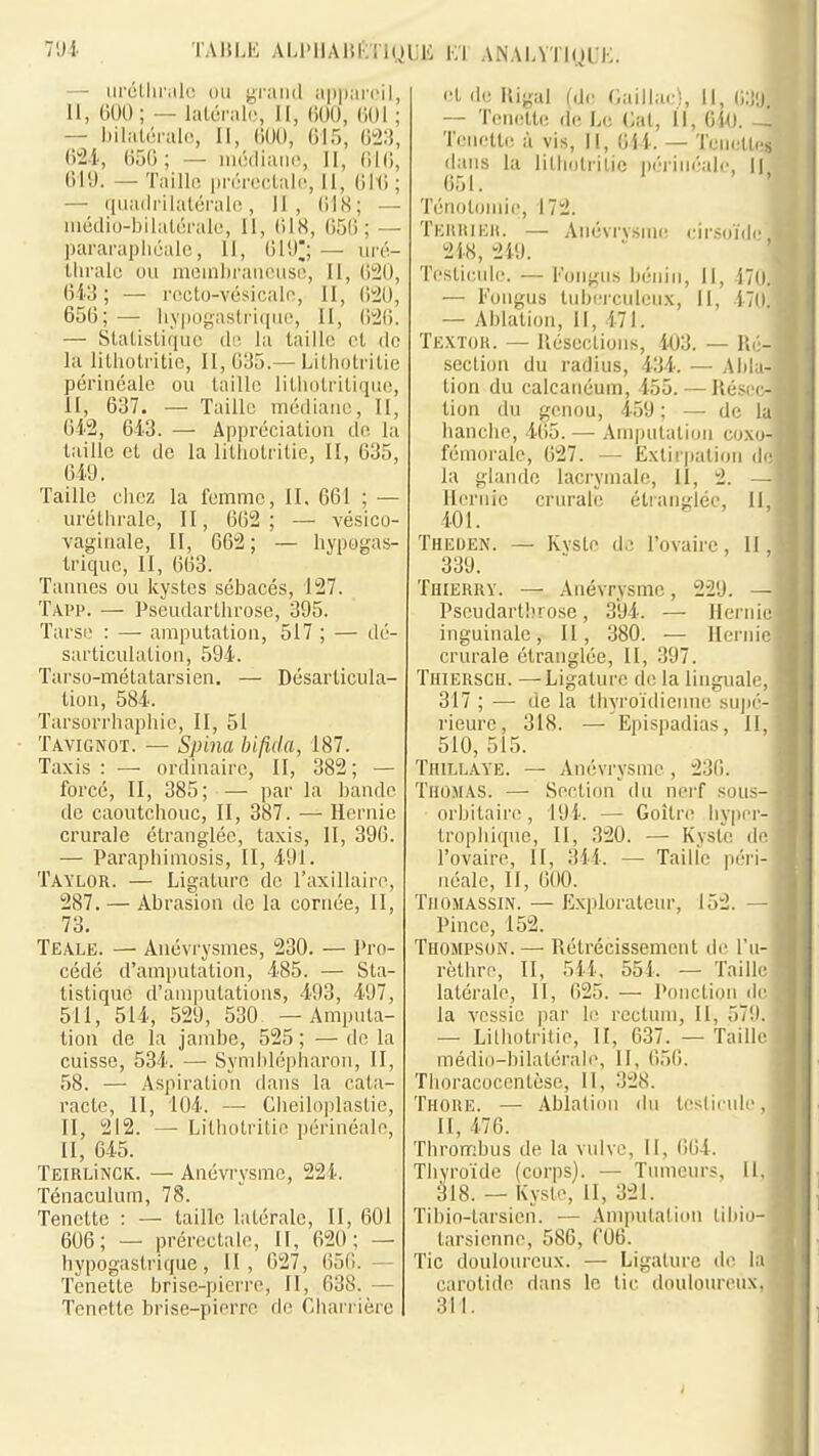 —■ urûlliralt! ou graiid iipjiari'il, 11, 600; — latérale, 11, (KM), (101 ; — l)ilal(îraie, II, (lOO, GIT), (W:î, 62.i, (iûO ; — iiiodiaiii', II, (IK;, 619. — Taillo prérueLalc, II, Olli; — quailrilalérah!, II, 018; — luédio-bilalôrale, II, 018, 650; — pararaphcalc, 11, Ol'Jj — iiré- llirale ou moinbrancuso, II, 020, 643 ; — rocto-vésicalo, II, 62U, 656; — liypogaslriquc, II, 020. — Slatisliquc du la taille et do la lilliolritie, II, 635.— Lithutrilie périnéale ou taille lilhotritirjue, II, 637. — Taille méiliaue, II, 642, 643. — Appréciation de la taille et de la lithotritle, II, 035, 649. Taille cliez la femme, II, 661 ; — uréllirale, II, 662 ; — vésico- vagiriale, II, 662 ; — hypogas- Irique, II, 663. Tannes ou kystes sébacés, 127. TA.PP. — Pseudartbrosc, 395. Tarse : — amputation, 517 ; — dé- sarticulation, 594. Tarsu-métatarsien, — Désarticula- tion, 584. Tarsorrhapbie, II, 51 Tavignot. — Spina hifida, 187. Taxis : — ordinaire, II, 382 ; — forcé, II, 385; — par la bande de caoutchouc, II, 387. — Hernie crurale étranglée, taxis, II, 396. — Parapbimosis, II, 491. Taylor. — Ligature de l'axillaire, 287. — Abrasion de la cornée, II, 73. Teale. — Anévrysmes, 230. — Pro- cédé d'amputation, 485. — Sta- tistique d'amputations, 493, 497, 511, 514, 529, 530 —Amputa- tion de la jambe, 525 ; — de la cuisse, 534. — Syml)lépharon, II, 58. — Aspiration dans la cata- racte, II, 104. — Clieiloplastie, II, 212. — Lithotritie périnéale, II, 645. TEiRLiNCK. — Anévrysme, 224. Ténaculum, 78. Tenette : —- taille latérale. II, 601 606; — prérectale. II, 620; — bypogastrique, II, 627, (iôO. — Tenette brise-pierre, II, 638. — Tenette brise-pierre fie Cbai rière et de Iligal (de (laillac). II, — Tenr;tle de Le Cat, II, 6U). - T(Mielt(! à vis, II, 044. — Tunellcs dans la lithotritie périnéale, || 651. Ténotimiie, 172. TEiiitiEit. — Anévrvsmc eirsoïdc 218, 2i9. Testicule. — Foiigus bénin, II, 470. — l''ougus tuberculeux, II, 47(1 — Ablation, II, 471. Te.xtou. — llésections, 403. — Ré- section du radius, 434. — Abla- tion du calcanéum, 455. — Rése tion du genou, 459 ; — de I- hanche, 465. — Amputation coxo fémorale, 627. — Extirpation d la glande lacrymale, II, 2. Hernie crurale étranglée, II, 401. Theden. — Kvste de l'ovaire, II, 339. Thierry. — Anévrysme, 229. — Pscudartbrose, 394. — Hernie inguinale, II, 380. — Hernie crurale étranglée. II, 397. Thierscr. —Ligature de la linguale, 317 ; — de la tbyi'oïdieune suju - rieure, 318. — Epispadias, II, 510, 515. Thillaye. — Anévrysme , 236. Thomas. — Section du nerf sous- orhitaire, 19i. — Goitre bypcr- tropiiique, II, .320. — Kyste dr l'ovaire, II, 344. — Taille péri- néale, II, 600. Tromassin.—Explorateur, 152. — Pince, 152. Thompson. — Rétrécissement de l'u- rèthre, II, 544, 554. — Taille latérale, II, 625. — Ponction dr la vessie par le rectum, II, 57'.l. — Lithotritie, II, 637. — Taille médio-bilatérale. 11, 656. Thoracocentèse, II, 328. Thore. — Ablation du teslicule, II, 476. Tbrombus de la vulve, II, 664. Thyroïde (corps). — Tumeurs, II. à 18. — Kyste, II, 321. Tibio-tarsien. — Amputation tibio- tarsienne, 586, fOB. Tic douloureux. — Ligature de la carotide dans le tic douloureux. 311.