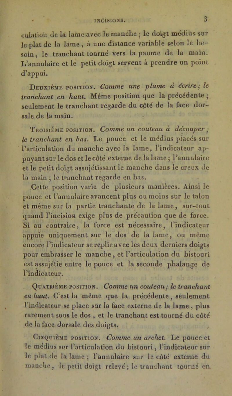 culatioii de la lame avec le manche ; le doigt médius sur le plat de la lame, à une distance variable selon le be- soin, le tranchant tourné vers la paume de la main. L’annulaire et le petit doigt servent à prendre un point, d’appui. Deuxième position. Comme une plume à écrirele tranchant en haut. Même position que la précédente ; seulement le tranchant regarde du côté de la face dor- sale de la main. Troisième position. Comme un couteau à découper- le tranchant en bas. Le pouce et le médius placés sur l’articulation du manche avec la lame, l’indicateur ap- puyant sur le dos et le côté externe de la lame; l’annulaire et le petit doigt assujétissant. le manche dans le creux de la main ; le tranchant regarde en bas. Cette position varie de plusieurs manières. Ainsi le pouce et l'annulaire avancent plus ou moins sur le talon et même sur la partie tranchante de la lame, sur-louL quand l’incisioa exige plus de précaution que de force. Si au contraire, la force est nécessaire, l’indicateur appuie uniquement sur le dos de la lame, ou même encore l’indicateur se replie avec les deux derniers doigts pour embrasser le manche, et l’articulation du bistouri est assujétie entre le pouce et la seconde phalange de l’indicateur. Quatrième position. Comme un couteau,• le tranchant en haut. C'est la même que la précédente , seulement l’indicateur se place sur la face externe de la lame , plus rarement sous le dos , et le tranchant est tourné du côté de la face dorsale des doigts. Cinquième position. Comme, un archet. Le pouce et le médius sur l’articulation du bistouri, l’indicateur sur le plaide la lame ; l’anuulaire sur le côté externe du manche , le petit doigt relevé ; le tranchant tourné en