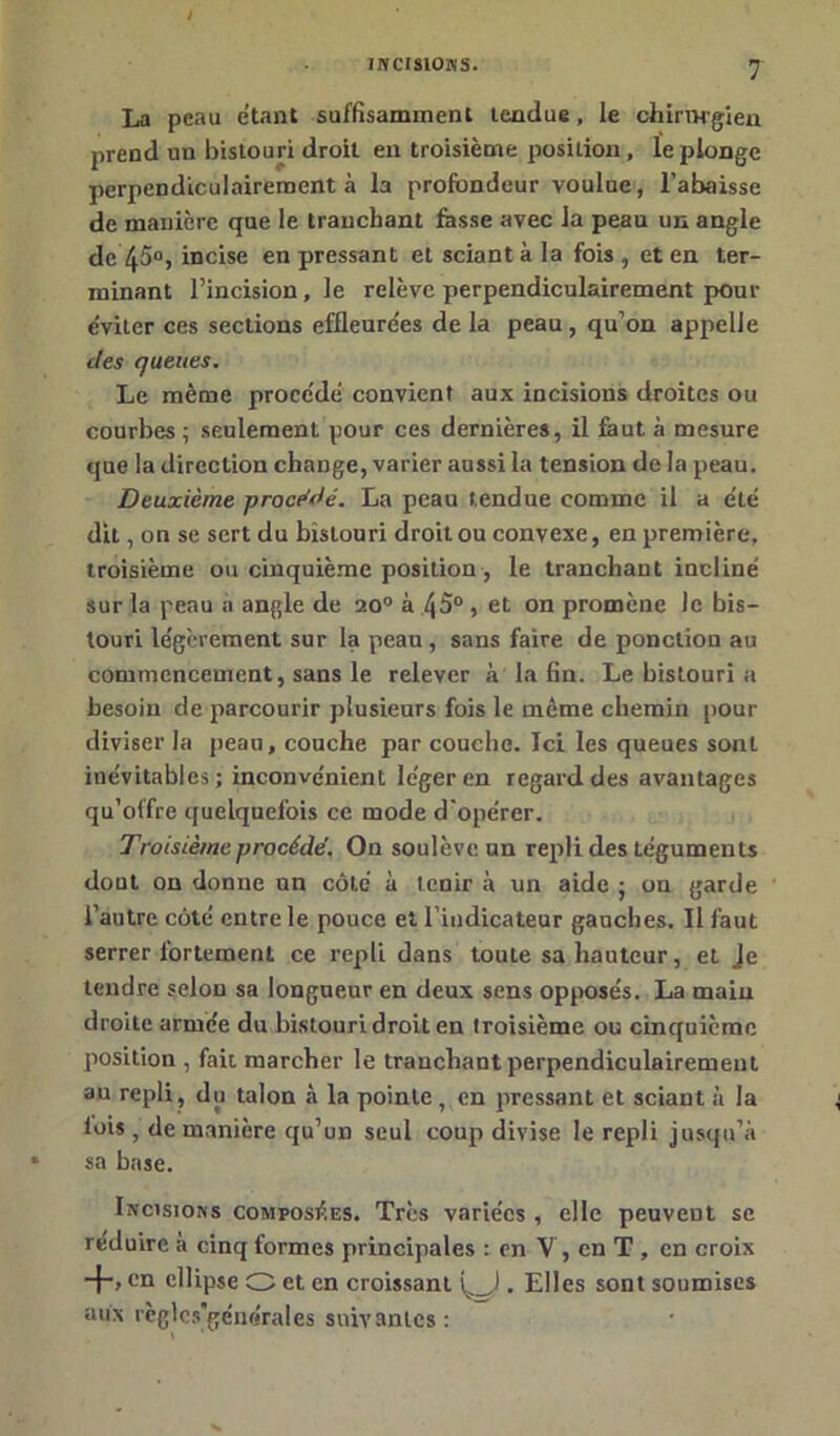 La peau étant suffisamment tendue, le chirurgien prend un bistouri droit en troisième position, le plonge perpendiculairement à la profondeur voulue, l’abaisse de manière que le tranchant fesse avec la peau un angle de 45°, incise en pressant et sciant à la fois , et en ter- minant l’incision, le relève perpendiculairement pour c'viLer ces sections effleurées de la peau , qu’on appelle des queues. Le même procédé convient aux incisions droites ou courbes ; seulement pour ces dernières, il faut à mesure que la direction change, varier aussi la tension de la peau. Deuxième procédé. La peau tendue comme il a éLé dit, on se sert du bistouri droit ou convexe, en première, troisième ou cinquième position , le tranchant incliné sur la peau a angle de 20° à 45° , et on promène le bis- touri légèrement sur la peau , sans faire de ponction au commencement, sans le relever à la fin. Le bistouri a besoin de parcourir plusieurs fois le même chemin pour diviser la peau, couche par couche. Ici les queues sont inévitables; inconvénient léger en regard des avantages qu’olfre quelquefois ce mode d’opérer. Troisième procédé. O11 soulève, un repli des téguments dout ou donne nn côté à tenir à un aide ; on garde l’autre coté entre le pouce et l’indicateur gauches. Il faut serrer fortement ce repli dans toute sa hauteur, et Je tendre selon sa longueur en deux sens opposés. La main droite armée du bistouri droit en troisième ou cinquième position , fait marcher le tranchant perpendiculairement au repli , du talon à la pointe, en pressant et sciant à la lois ? de manière qu’un seul coup divise le repli jusqu’à sa base. Incisions composites. Très variées , elle peuveut se réduire à cinq formes principales : en V, en T , en croix en ellipse O et en croissant . Elles sont soumises aux règlcs’générales suivantes: