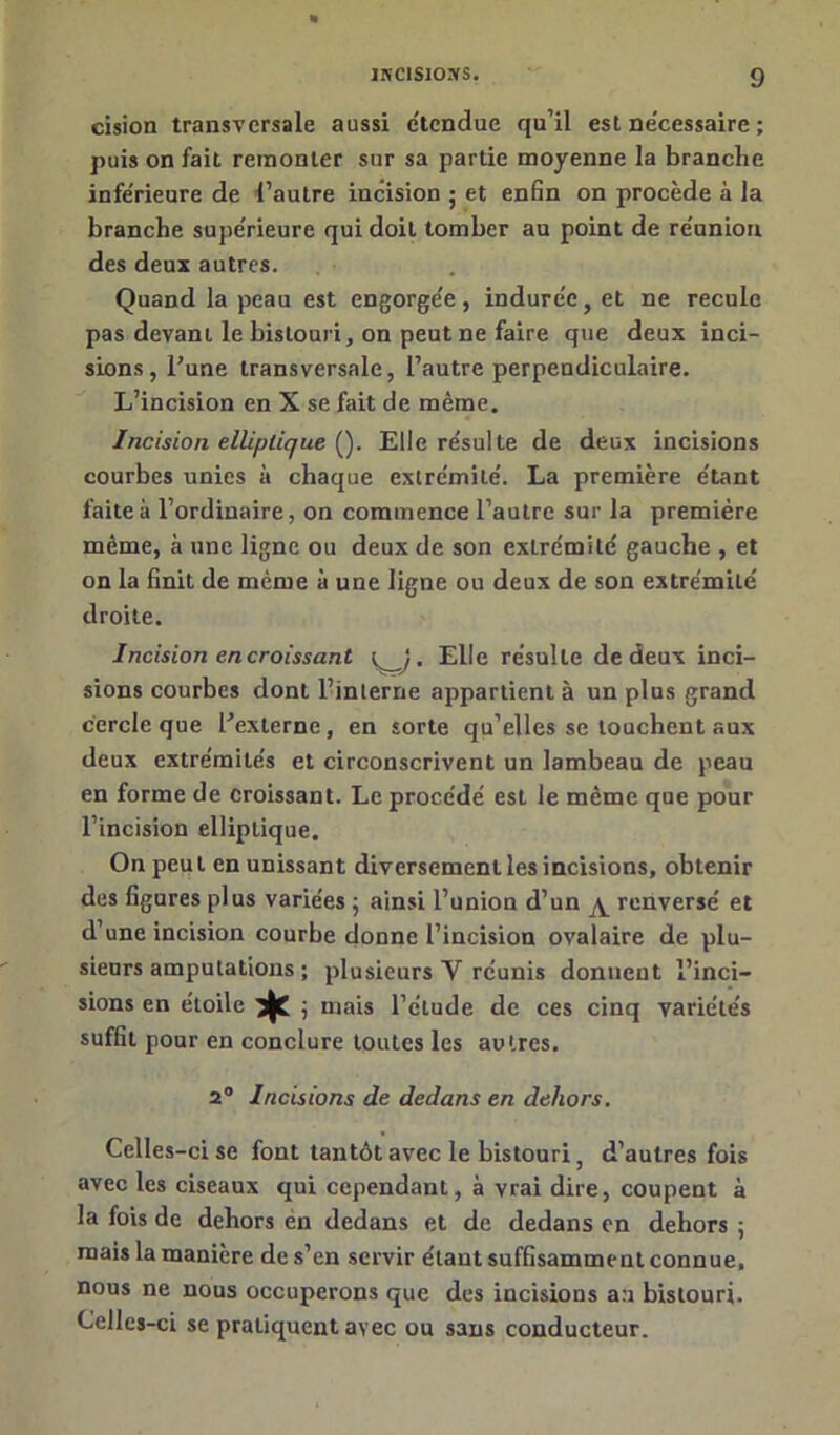 cision transversale aussi e'tcndue qu’il est ne'cessaire ; puis on fait remonter sur sa partie moyenne la branche inférieure de l’autre incision ; et enfin on procède à la branche supérieure qui doit tomber au point de réunion des deux autres. Quand la peau est engorgée, indurée, et ne recule pas devant le bistouri, on peut ne faire que deux inci- sions, l’une transversale, l’autre perpendiculaire. L’incision en X se fait de même. Incision elliptique (). Elle résulte de deux incisions courbes unies à chaque extrémité. La première étant faite à l’ordinaire, on commence l’autre sur la première même, à une ligne ou deux de son extrémité gauche , et on la finit de même à une ligne ou deux de son extrémité droite. Incision en croissant t _ y . Elle résulte de deux inci- sions courbes dont l’interne appartient à un plus grand cercle que l’externe, en sorte qu’elles se louchent aux deux extrémités et circonscrivent un lambeau de peau en forme de croissant. Le procédé est le même que pour l’incision elliptique. On peut en unissant diversement les incisions, obtenir des figures plus variées ; ainsi l’union d’un ^ renversé et d’une incision courbe donne l’incision ovalaire de plu- sieurs amputations ; plusieurs Y réunis donnent l’inci- sions en étoile j mais l’étude de ces cinq variétés suffît pour en conclure toutes les autres. 2° Incisions de dedans en dehors. Celles-ci se font tantôt avec le bistouri, d’autres fois avec les ciseaux qui cependant, à vrai dire, coupent à la fois de dehors en dedans et de dedans en dehors ; mais la manière de s’en servir étant suffisamment connue, nous ne nous occuperons que des incisions au bistouri. Celles-ci se pratiquent avec ou sans conducteur.