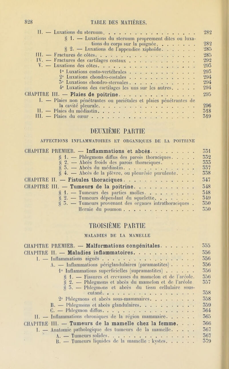 II. — Luxations du sternum 282 § 1. — Luxations du sternum proprement dites ou luxa- tions du corps sur la poignee 282 § 2. — Luxations de l’appendice xipho'fde 285 III. — Fractures de cotes 285 IV. — Fractures des cartilages coslaux 292 V. — Luxations des cotes . . 293 1° Luxations costo-vertebrales 293 2° Luxations chondro-coslales 294 3° Luxations chondro-sternales 294 4° Luxations des cartilages les uns sur les aulres 294 CHAPITRE III. — Plaies de poitrine 295 I. — Plaies non penetrantes ou parietales et plaies penelrantes de la cavile pleurale . 296 II. — Plaies du mediastin 318 III. — Plaies du cceur 319 DEUXIEME PARTIE AFFECTIONS INFLAMMATOIRES ET ORGANIQUES DE LA POITRINE CHAPITRE PREMIER. — Inflammations et abces 351 § 1. — Phlegmons diilus des parois llioraciques 532 § 2. — Abces froids des parois llioraciques 535 § 5. — Abces du mediastin 557 § 4. — Abces de la plevre, ou pleuresie purulentc. . . . 358 CHAPITRE II. — Fistules thoraciques 347 CHAPITRE III. — Tumeurs de la poitrine 348 § 1. — Tumeurs des parties molles 348 § 2. — Tumeurs dependant du squeletle 349 § 5. — Tumeurs provenant des organes intrathoraciques . 550 llcrnie du poumon 350 TROISIEME PARTIE MALADIES DE LA MAMELLE CHAPITRE PREMIER. — Malformations congenitales 355 CHAPITRE II. — Maladies inflammatoires 356 I. — Inflammations aigues 356 A. — Inflammations periglandulaires (paramastites) 356 1° Inflammations superficiclles (supramastites) 350 § I. — Fissures et crevasses du mamelon et de l'areole. 556 § 2. — Phlegmons et abces du mamelon et de l’areole 557 § 3. — Phlegmons et abces du lissu cellulairc sous- cutane 358 2° Phlegmons cl abces sous-mammaires 358 B. — Phlegmons et abces glandulaires 359 C. — Phlegmon diffus 364 II. — Inflammations chroniques de la region mammaire 365 CHAPITRE III. — Tumeurs de la mamelle chez la femme. . . . 366 I. — Anatomic pathologique des tumours de la mamelle 567 A. — Tumeurs solides 367 B. — Tumeurs liquidcs de la mamelle : kystes 379