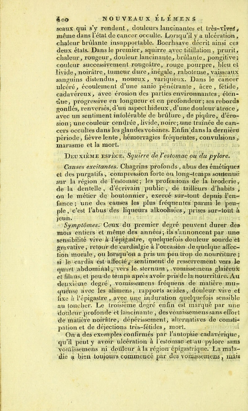 seaux qui s'y rendent, douleurs lancinantes et très-vî\re^ y même dans l'état de cancer occulte. Lorsqu'il y a ulcéralion , chaleur brûlante insupportable. Boerhaave décrit ainsi ces deux états. Dans le premier, squirre ci,vec titillation, prurit, chaleur, rougeur, clouleur lancinante, brûlante, pongitive; couleur successivement rougeâtre, rouge pourpre, hleu et livide, noirâtre, tumeur dure, inégale, raboteuse, vaisseaux sanguins distendus, noueux, variqueux. Dans le cancer ulcéré, écoulement d'une sanie pénétrante, âcre , fétide, cadavéreux, avec érosion des parties environnantes, éten- iJue, progressive en longueur et en profondeur; ses rebords gonflés, renversés, d'un aspect hideux, d'une douleur atroce ^ avec un sentiment intolérable de brûlure , de piqûre, d'éro- sion*, unecouleur cendrée, livide, noire; une traînée de can- cers occultes dans les glandes voisines. Enfin dans la dernière période, fièvre lente, hémorragies fréquentes, convulsions, marasme et la mort. Deuxième bstÈce. Squirre de Vestomac ou du pylore. Causes excitantes. Chagrins profonds, abus des émétiques et des purgatifs, compression forte ou long-temps soutenue sur la région de l'esiomae-, les professions de la broderie, de la dentelle , d'écrivain public , de tailleurs d'habits , ou le métier de houtonnier, exercé sur-tout depuis Fenr- fance ; une des causes les plus fréquentes parmi le peu-f pie, c'est l'abus des liqueurs alkoolisées, prises sur-tout à jeun. Symptômes. Ceux du premier degré peuvent durer de» mois entiers et mênqie des années -, ils s'annoncent par une sensibilité vive à l'épigcCstre, quelquefois douleur sourde et gravative, retour dé cardialgie à l'occasion de quelque alFec- iion morale , ou lorsqu'on a pris un peu trop de nourriture ; si le cardia est aifeciésentiment de resserrement vers le quart abdominal, vers le sternum , .vomissemens glaii-eux et fiîans, et peu de temps après avoir pris de la nourriture. Au deuxième degré , vomissemens fréquens de matière mu- que'use avec les alimens, rapports acides, douleur vive et fixe h l'épigastre, avec une induration quelquefois sensible au toucher. Le troisième degré enfin est marqué par une douleur profonde et lancinante , des vomissemens sans effort, de matière noirâtre, dépérissement, alternatives de consti-»- pation et de déjections très-fétides, mort. il On a des exemples confirmés par l'aulopisie cadavérique, qu'il peut y avoir ulcération à restomac et au pylore sans voraissemens ni douleur à la région épigastrique. La mala- die a hien tou^urs commencé par des voi:iiÀsseraeiis, mAÎs