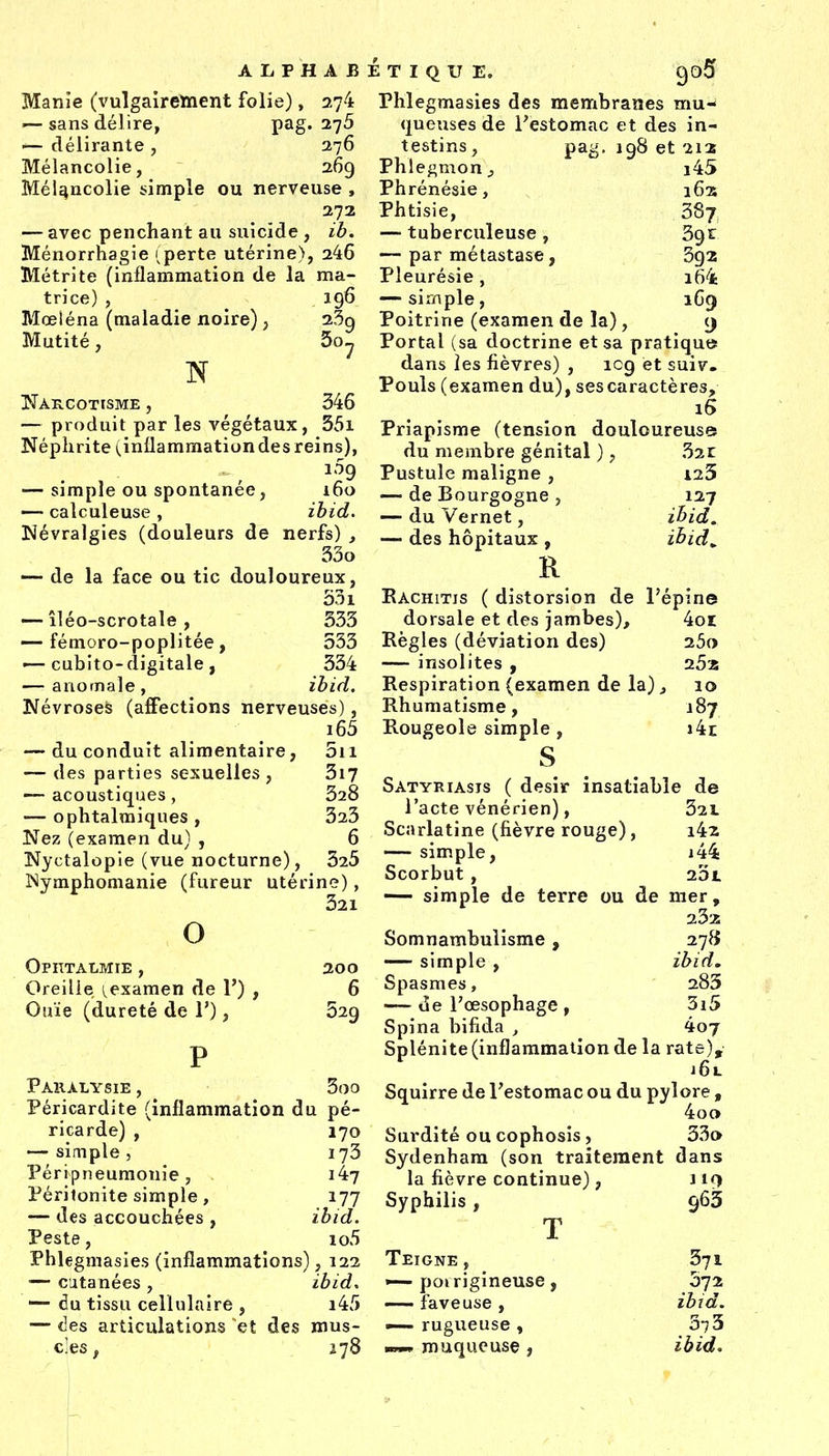 Manie (vulgaireinent folie), 274 — sans dél ire, pag. 276 ^ délirante , 276 Mélancolie, 269 Mélancolie simple ou nerveuse , 272 — avec penchant au suicide , ib. Ménorrhagie 1 perte utérine), 246 Métrite (inflammation de la ma- trice) , 196 Mœléna (maladie noire), 25g Mutité, 3o^ N I^AllCOTrSME , 346 — produit par les végétaux, 35i Néphrite i^inilamraation des reins), 109 — simple ou spontanée, i6o — calculeuse , ihid. Névralgies (douleurs de nerfs) , 33o — de la face ou tic douloureux, 531 — îléo-scrotale , 333 — fémoro-poplitée, 533 -—cubito-digitale , 334 — anomale, ihid. Névroses (affections nerveuses), i65 — du conduit alimentaire, 5ii — des parties sexuelles, 3i7 — acoustiques, 328 — ophtalmiques , 323 Nez (examen du) , 6 Nyctalopie (vue nocturne), 325 ISymphomanie (fureur utérine), 321 o Ophtalmie , 200 Oreille (.examen de 1') , 6 Ouïe (dureté de V), 529 Paralysie , 3oo Péricardite (inflammation du pé- ricarde) , 170 —- simple 5 173 Péripneumonie, i47 Péritonite simple, 177 — des accouchées , ibid. Peste, io5 Phlegmasies (inflammations), 122 ■— cutanées , ibid, — du tissu cellulaire , i4/) — des articulations et des mus- cles ^ 278 Phlegmasies des membranes mu- queuses de Testomac et des in- testins, pag, 198 et 213 Phlegmon ^ i45 Phrénésie, 163; Phtisie, 387 — tuberculeuse , 391 — par métastase, 392 Pleurésie, i64: — simple, 1G9 Poitrine (examen de la), y Portai (sa doctrine et sa pratique dans les fièvres) , icg et suiv- Pouls (examen du), ses caractères, 16 Priapisme (tension douloureuse 321 123 127 ibid. ibid^ du membre génital ) Pustule maligne , — de Bourgogne , — du Vernet, — des hôpitaux , R Rachitis ( distorsion de l'épine dorsale et des jambes), 4ot Règles (déviation des) 25a — insolites , 262 Respiration (examen de la), 10 Rhumatisme, 187 Rougeole simple , i4i S Satyriasis ( désir insatiable de l'acte vénérien), 321 Scarlatine (fièvre rouge), i42 — simple, i44 Scorbut, 201 — simple de terre ou de mer, 232 Somnambulisme, 278 — simple , ibid. Spasmes, 283 — de l'œsophage , 3i5 Spina bifida , 4o7 Splénite (inflammation de la rate), i6l Squirre de l'estomac ou du pylore , 4oo Surdité ou cophosis, 33o Sydenham (son traitement dans la fièvre continue), 119 Syphilis , 963 T Teigne, 371 «—poirigineuse, 072 — faveuse , ibid. —- rugueuse, 373 muqueuse , ibid.