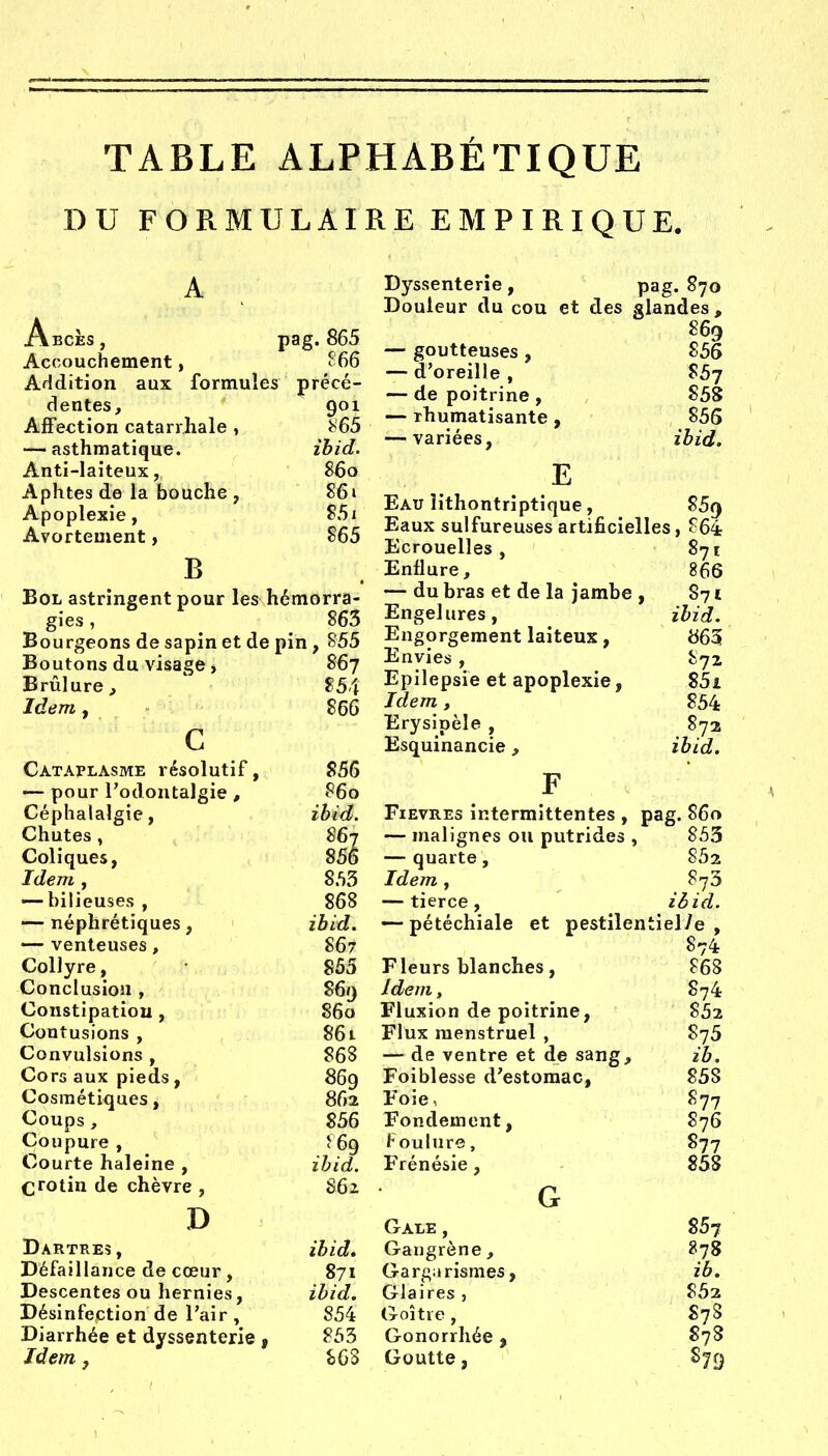 DU FORMULAIRE EMPIRIQUE. iABcÈs, pag. 865 Accouchement, ^66 Addition aux formules précé- dentes, 901 Affection catarriiale , 865 — asthmatique. ibid. Anti-laiteux, 860 Aphtes de la bouche , S6i Apoplexie, S5i Avortement, 865 B Bol astringent pour les hémorra- gies , 863 Bourgeons de sapin et de pin , 855 Boutons du visage , 867 Brûlure, 854 Idenif ^ r'i ' 866 c Cataplasme résolutif, S56 — pour l'odontalgie , 860 Céphalalgie, ibid. Chutes, 867 Coliques, 856 Idem, 853 — bilieuses , 868 — néphrétiques, ibid. — venteuses, S67 Collyre, 855 Conclusion , 869 Constipation, 860 Contusions , 861 Convulsions, 868 Cors aux pieds, 869 Cosmétiques, 862 Coups, 856 Coupure , J 69 Courte haleine , ihid. Crotin de chèvre , 862 D Dartres , ibid. Défaillance de cœur , 871 Descentes ou hernies, ibid. Désinfection de l'air , 854 Diarrhée et dyssenterie • 853 Idem, 868 Dyssenterie, pag- ^70 Douleur du cou et des glandes , 869 — goutteuses , 856 — d'oreille , 857 — de poitrine , 858 — rhumatisante , 856 — variées, ibid. Eau ïithontriptique, 859 Eaux sulfureuses artificielles, 864 Ecrouelles, 871 Enflure, 866 — du bras et de la jambe , 871 Engelures, ibid. Engorgement laiteux, 865 Envies , 872 Epilepsie et apoplexie, 85i Idem , 854 Erysipèle , 872 Esquinancie, ibid. Fièvres intermittentes , pag. 860 — malignes ou putrides , 853 — quarte, 852 Idem , 873 — tierce, ièid. — pétéchiale et pestilentiel/e , 874 Fleurs blanches, 868 Idem» 874 Fluxion de poitrine, 852 Flux menstruel , 875 — de ventre et de sang, ib, Foiblesse d'estomac, 858 Foie, 877 Fondement, 876 Foulure, S77 Frénésie, 858 Gale , Gangrène , Garg:irismes. Glaires , Goitre , Gonorrhée , Goutte, 857 278 ib. 852 S78 878 879