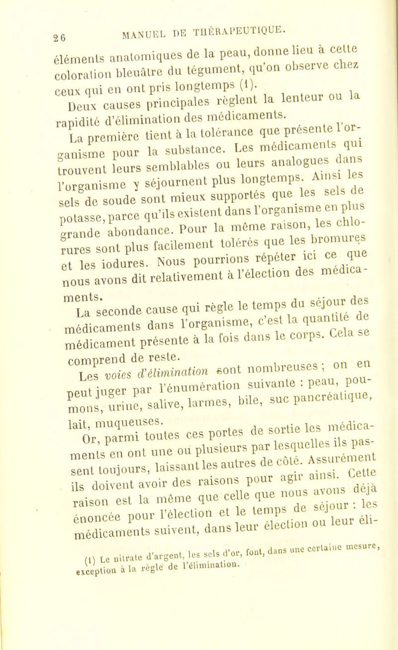 éléments analomiques de la peau, donne lieu à celle Xllion bleuâtre du tégumenl, qu'on observe chez ceux aiii en ont pris longtemps (1 ). Deux causes principales règlent la lenteur ou la rapidité d'élimination des médicaments. La première tient à la tolérance q^7r<^^e^f ^ nanisme pour la substance. Les médicaments qui rrnt Lrs semblables ou l-s analogues ^^.s l'organisme y séjournent plus logt^'-P^;^f ' sels de soude sont mieux supportés que les sels de potasse, parce qu'.ls exislenl dans l'organisme en pb ^ irande abondance. Pour la même raison les chto ^^s sont plus facilement tolérés .d- jf^^^ Pt les iodures. Nous pourrions repeter ici ce que nous avons dit relativement à l'élection des medica- If Seconde cause qui règle le temps du s^our des niédicaments dans l'organisme ^'^f ^^^J^^f^^ médicament présente à la fois dans le corp. Cela Tr::'s1'«;a^^o. .om nombreuses; on en .et iuZr par l'énumération suivante : peau, pou- Lo^sl ule, salive, larmes, bile, suc pancrealique. 'V7ZZi.s ces portes de sortie les n^dica- énoncée pour l'élection et le temps de ^^^P^  Sc-ents suivent, dans leur élection ou leur eh- excepliouàl=irégle de l'élumnat.on.