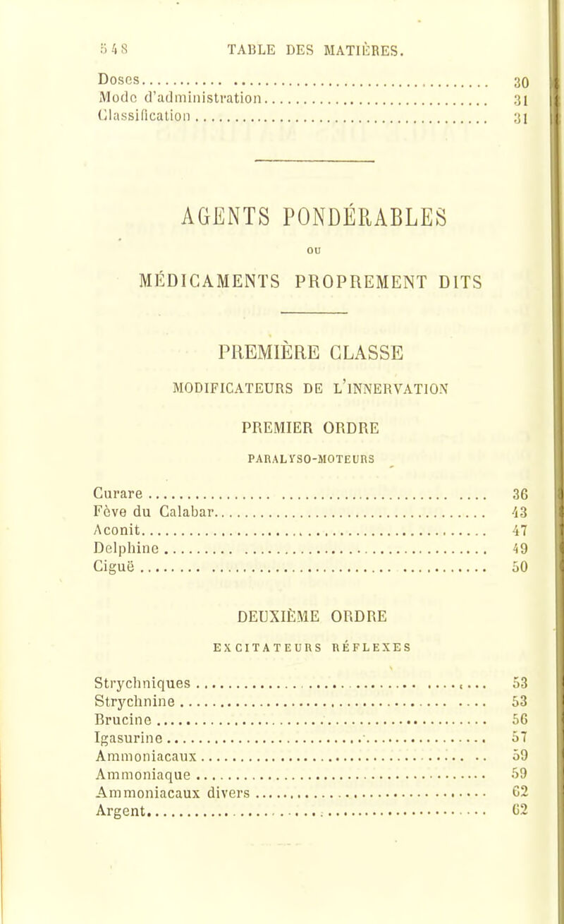 Doses 30 Mode d'administration ;jl i Glassificalion ;w AGENTS PONDÉRABLES ou MÉDICAMENTS PROPREMENT DITS PREMIÈRE CLASSE MODIFICATEURS DE l'iNNERVATION PREMIER ORDRE PARALrSO-MOTEUnS Curare 36 Fève du Calabar 43 Aconit 47 Delpliine 49 Ciguë 50 DEUXIÈME ORDRE EXCITATEURS RÉFLEXES Stryclmiques 53 Stryclinine 53 Brucine 56 Igasurine 57 Ammoniacaux 59 Ammoniaque 59 Ammoniacaux divers G2 Argent , 62
