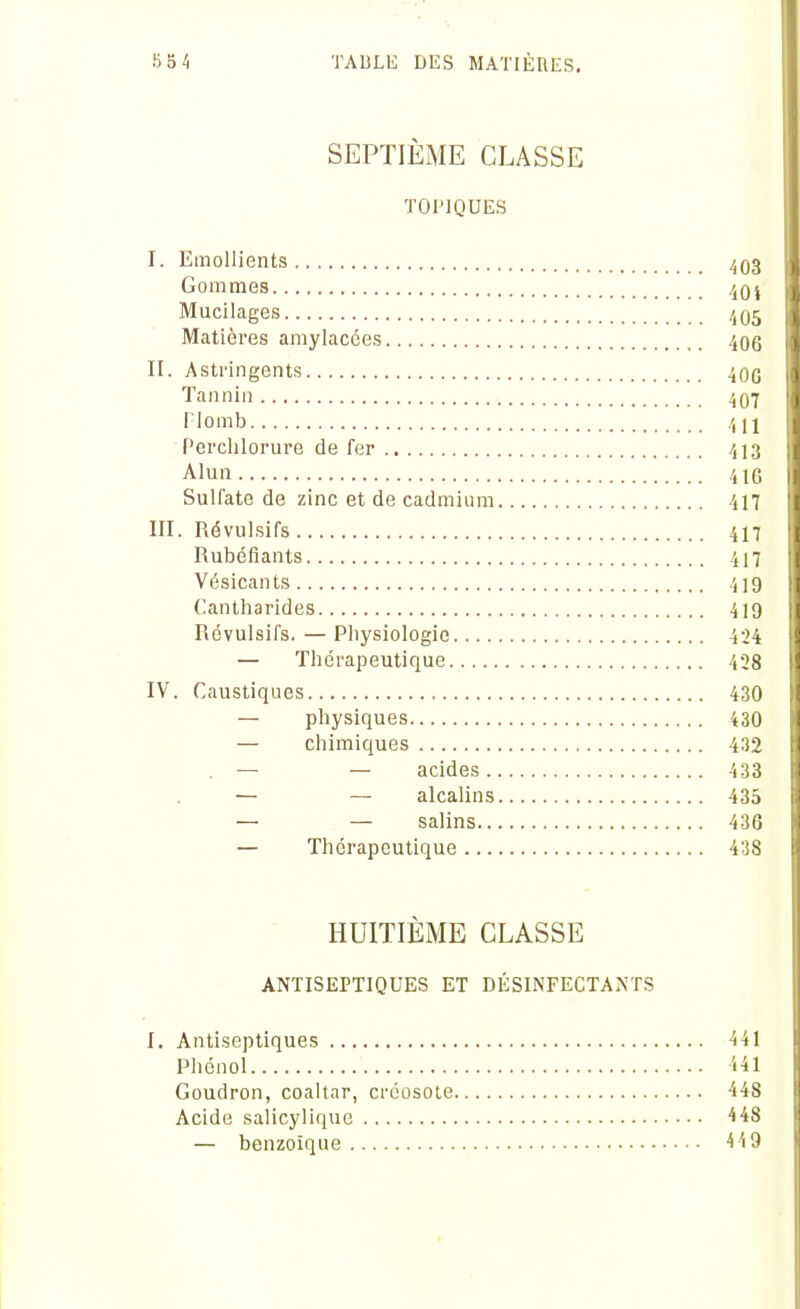 SEPTIÈME CLASSE TOPIQUES I. EmoUients 403 Gommes 40 j Mucilages 405 Matières amylacées 406 II. Astringents 40G Tannin 407 Plomb 411 Perchlorure de fer 413 Alun 41G Sulfate de zinc et de cadmium 'iH III. Révulsifs 417 Rubéfiants 417 Vésicants 419 Cantharides 419 Révulsifs. — Physiologie 424 — Thérapeutique 428 IV. Caustiques 430 — physiques 430 — chimiques 432 . — — acides 433 — — alcalins 435 — — salins 436 — Thérapeutique 438  HUITIÈME CLASSE ANTISEPTIQUES ET DÉSINFECTANTS I. Antiseptiques 441 Phénol 441 Goudron, coaltar, créosote 448 Acide salicylique 448 — benzoîque 449