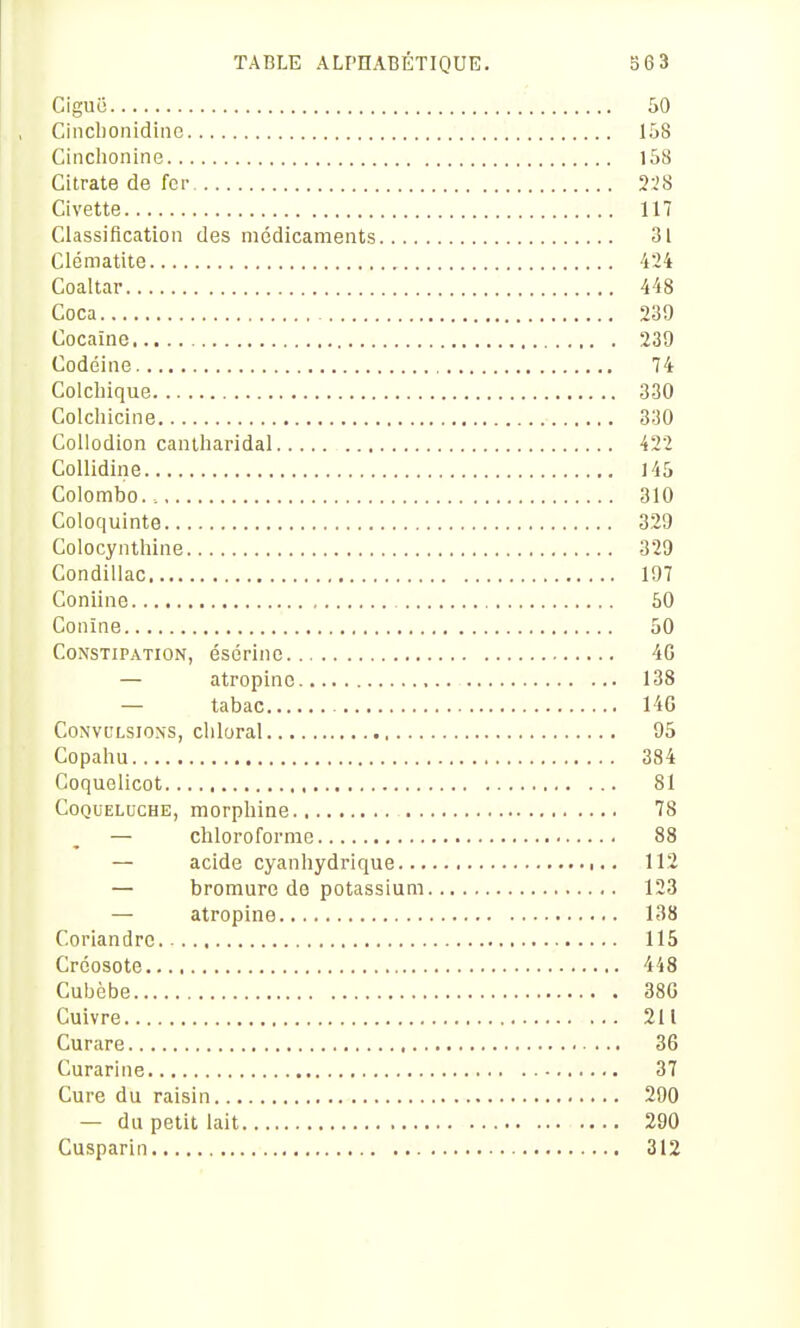 Ciguo 50 Cinclionidine 158 Cinchonine 158 Citrate de fer 2;'8 Civette 117 Classification des médicaments 31 Clématite 424 Coaltar 448 Coca 239 Cocaïne 239 Codéine 74 Colchique 330 Colcliicine 330 Collodion cantharidal 422 Collidine l45 Colombo.. 310 Coloquinte 329 Colocynthine 329 Condillac 197 Coniine 50 Conïne 50 Constipation, ésérlne 4G — atropine 138 — tabac 140 CoNVL'LsiONS, cliloral 95 Copahu 384 Coquelicot 81 Coqueluche, morphine 78 — chloroforme 88 — acide cyanhydrique 112 — bromure de potassium 123 — atropine 138 Coriandre 115 Créosote 448 Cubèbe 380 Cuivre 211 Curare , 36 Curarine 37 Cure du raisin 290 — du petit lait 290 Cusparin 312