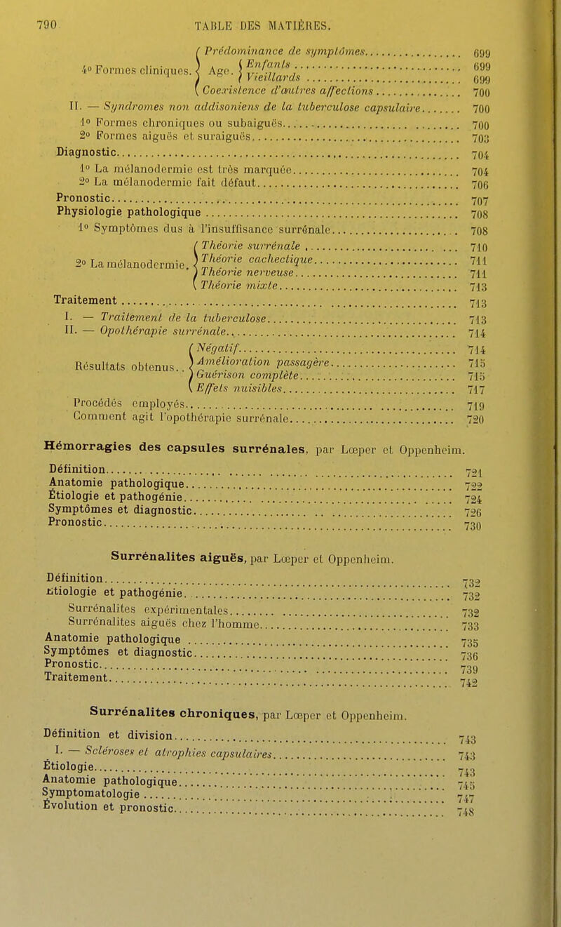 Prédominance de sympLômes 699 ■i Formes cliniauos. l Af>o. | f/'^^l^' ; ' ] ( Vieillards 099 Coe.rislence d'a/uLres alfeclions 700 II. — Syndromes non nddisoniens de la luberculose capsulaire 700 1° Formes clironiqucs ou subaiguës... 70o 2» Formes aiguës et suraiguës 70;) Diagnostic 704 l La mélanodcrmie est Irùs marquée 704 2» La môlanodermie l'ait défaut 706 Pronostic 707 Physiologie pathologique 708 1» Symptômes dus à l'insuffisance surrénale 708 Ç Théorie surrénale , 710 20 Lamélanodermie. ! 1'''°'^'^ cachectique 711 i 1 lieorie nerveuse 711 \ Théorie mixte 713 Traitement 713 I. — Traitement de la tuljerculose 713 II. — Opothérapie surrénale.. 714 (Négatif. 714 Résultats obtenus. )j;>^-^élioration passagère 713 itruerison complète 715 [ Effets nuisibles 717 Procédés employés 719 Gomment agit l'opothérapie surrénale 720 Hémorragies des capsules surrénales, par Lœper et Oppenheim. Définition 721 Anatomie pathologique .......... 722 Étiologie et pathogénie ' ..... 724 Symptômes et diagnostic ...... .. ! 726 Pronostic 730 Surrènalites aiguës, par Lœper et Oppenheim. Définition .^32 titiologie et pathogénie 732 Surrènalites expérimentales 732 Surrènalites aiguës chez l'homme 733 Anatomie pathologique 73g Symptômes et diagnostic 736 Pronostic  ,jjjg Traitement 740 Surrènalites chroniques, par Lœper et Oppenheim. Définition et division 743 I. — Scléroses et atrophies capsulaires 743 Étiologie .^^3 Anatomie pathologique 745 Symptomatologie ^-^^ Évolution et pronostic 748