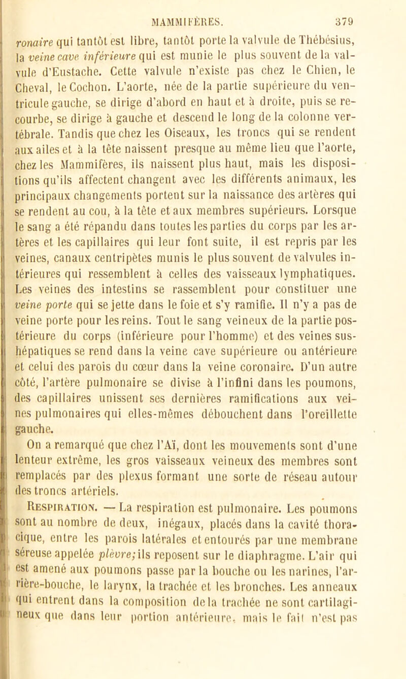 ronaire qui tantôt est libre, tantôt porte la valvule de Thébésius, la veine cave inférieure qui est munie le plus souvent de la val- vule d’Eustache. Cette valvule n’existe pas chez le Chien, le Cheval, le Cochon. L’aorte, née de la partie supérieure du ven- tricule gauche, se dirige d’abord en haut et à droite, puis se re- courbe, se dirige à gauche et descend le long de la colonne ver- tébrale. Tandis que chez les Oiseaux, les troncs qui se rendent aux ailes et à la tête naissent presque au même lieu que l’aorte, chez les Mammifères, ils naissent plus haut, mais les disposi- tions qu’ils affectent changent avec les différents animaux, les principaux changements portent sur la naissance des artères qui I se rendent au cou, à la tête et aux membres supérieurs. Lorsque le sang a été répandu dans toutes les parties du corps par les ar- tères et les capillaires qui leur font suite, il est repris par les veines, canaux centripètes munis le plus souvent de valvules in- térieures qui ressemblent à celles des vaisseaux lymphatiques. ILes veines des intestins se rassemblent pour constituer une veine porte qui se jette dans le foie et s’y ramifie. 11 n’y a pas de veine porte pour les reins. Tout le sang veineux de la partie pos- térieure du corps (inférieure pour l’homme) et des veines sus- l hépatiques se rend dans la veine cave supérieure ou antérieure et celui des parois du cœur dans la veine coronaire. D’un autre côté, l’artère pulmonaire se divise à l’infini dans les poumons, des capillaires unissent ses dernières ramifications aux vei- nes pulmonaires qui elles-mêmes débouchent dans l’oreillette gauche. On a remarqué que chez l’Aï, dont les mouvements sont d’une lenteur extrême, les gros vaisseaux veineux des membres sont i remplacés par des plexus formant une sorte de réseau autour des troncs artériels. Respiration. —La respiration est pulmonaire. Les poumons sont au nombre de deux, inégaux, placés dans la cavité thora- cique, entre les parois latérales et entourés par une membrane séreuse appelée plèvre;ils reposent sur le diaphragme. L’air qui est amené aux poumons passe parla bouche ou les narines, l’ar- rière-bouche, le larynx, la trachée et les bronches. Les anneaux qui entrent dans la composition delà trachée ne sont cartilagi- neux que dans leur portion antérieure, mais le faii n’est pas