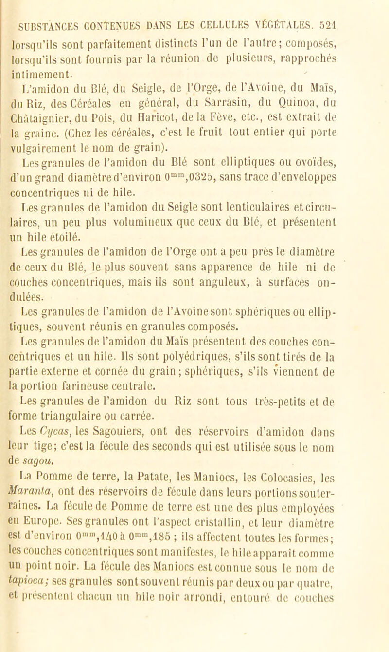 lorsqu’ils sont parfaitement distincts l’un de l’autre; composés, lorsqu’ils sont fournis par la réunion de plusieurs, rapprochés intimement. L’amidon du Blé, du Seigle, de l’Orge, de l’Avoine, du Maïs, du Riz, des Céréales en général, du Sarrasin, du Quinoa, du Châtaignier, du Pois, du Haricot, delà Fève, etc., est extrait de la graine. (Chez les céréales, c’est le fruit tout entier qui porte vulgairement le nom de grain). Les granules de l’amidon du Blé sont elliptiques ou ovoïdes, d’un grand diamètre d’environ 0m,n,0325, sans trace d’enveloppes concentriques ni de hile. Les granules de l’amidon du Seigle sont lenticulaires eteireu- laires, un peu plus volumineux que ceux du Blé, et présentent un hile étoilé. Les granules de l’amidon de l’Orge ont a peu près le diamètre de ceux du Blé, le plus souvent sans apparence de hile ni de couches concentriques, mais ils sont anguleux, à surfaces on- dulées. Les granules de l’amidon de l’Avoine sont, sphériques ou ellip- tiques, souvent réunis en granules composés. Les granules de l’amidon du Maïs présentent des couches con- centriques et un hile. Ils sont polyédriques, s’ils sont tirés de la partie externe et cornée du grain; sphériques, s’ils viennent de la portion farineuse centrale. Les granules de l’amidon du Riz sont tous très-petits et de forme triangulaire ou carrée. Les Cycas, les Sagouiers, ont des réservoirs d’amidon dans leur tige; c’est la fécule des seconds qui est utilisée sous le nom de sagou. La Pomme de terre, la Patate, les Maniocs, les Colocasies, les Maranta, ont des réservoirs de fécule dans leurs portions souter- raines. La fécule de Pomme de terre est une des plus employées en Europe. Ses granules ont l’aspect cristallin, et leur diamètre est d’environ 0»,l/i0à 0m“,185 ; ils affectent toutes les formes; les couches concentriques sont manifestes, le hileapparaît comme un point noir. La fécule des Maniocs est connue sous le nom de tapioca; scs granules sont souvent réunis par deuxou par quatre, et présentent chacun un hile noir arrondi, entouré de couches