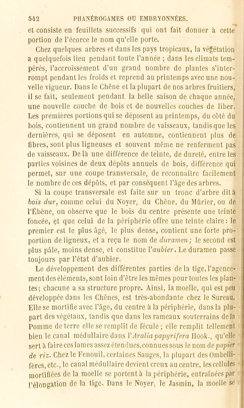 et consiste en feuillets successifs qui ont fait donner à cette portion de l’écorce le nom qu’elle porte. Chez quelques arbres et dans les pays tropicaux, la végétation a quelquefois lieu pendant toute l’année ; dans les climats tem- pérés, l’accroissement d’un grand nombre de plantes s’inter- rompt pendant les froids et reprend au printemps avec une nou- velle vigueur. Dans le Chêne et la plupart de nos arbres fruitiers, il se fait, seulement pendant la belle saison de chaque année, une nouvelle couche de bois et de nouvelles couches de liber. Les premières portions qui se déposent au printemps, du côté du bois, contiennent un grand nombre de vaisseaux, tandis que les dernières, qui se déposent en automne, contiennent plus de fibres, sont plus ligneuses et souvent même ne renferment pas de vaisseaux. Delà une différence de teinte, de dureté, entre les parties voisines de deux dépôts annuels de bois, différence qui permet, sur une coupe transversale, de reconnaître facilement le nombre de ces dépôts, et par conséquent l’âge des arbres. Si la coupe transversale est faite sur un tronc d’arbre dit à bois dur, comme celui du Noyer, du Chêne, du Mûrier, ou de l’Ébène, on observe que le bois du centre présente une teinte foncée, çt que celui de la périphérie offre une teinte claire: le premier est le plus âgé, le plus dense, contient une forte pro- portion de ligneux, et a reçu le nom de duramen; le second est plus pâle, moins dense, et constitue l'aubier. Le duramen passe toujours par l’état d’aubier. Le développement des différentes parties delà tige,l’agence- ment des éléments, sont loin d’être les mêmes pour toutes les plan- tes; chacune a sa structure propre. Ainsi, la moelle, qui est peu • développée dans les Chênes, est très-abondante chez le Sureau. Elle se mortifie avec l’âge, du centre à la périphérie, dans la plu- part des végétaux, tandis que dans les rameaux souterrains delà Pomme de terre elle se remplit de fécule; elle remplit tellement bien le canal médullaire dans VAraliapapyrifera Hook., qu’elle sertà faire ceslamesassezétenilues,connues sous le nom d epapier de riz. Chez le Fenouil, certaines Sauges, la plupart desOmbelli- fères, etc., le canal médullaire devient creux au centre, les cellules mortifiées de la moelle se portent à la périphérie, entraînées par l’élongation de la tige. Dans le Noyer, le Jasmin, la moelle se