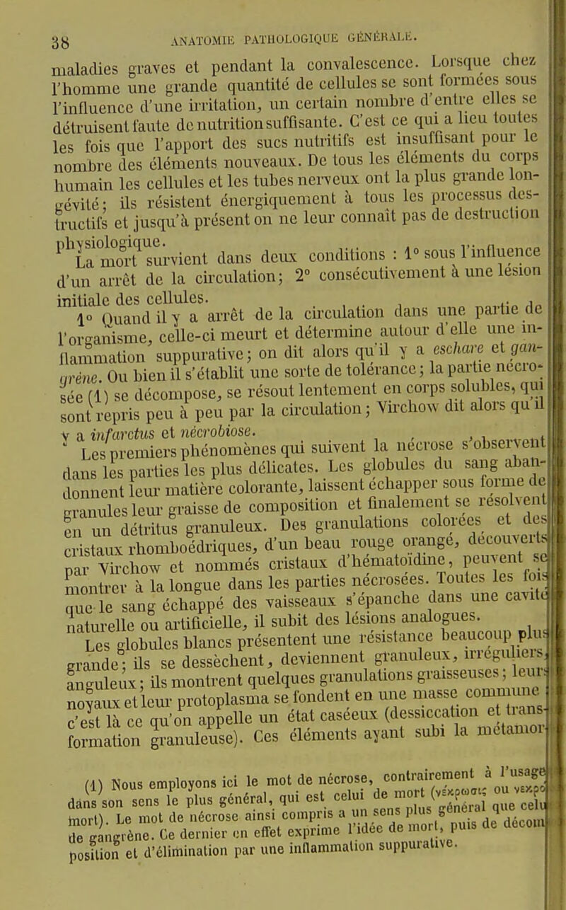 jjy ANAÏOMIE PAXUULOGIC'UE GÉNliKAl.h. maladies graves et pendant la convalescence. Lorsque chez l'homme une grande quantité de cellules se sont formées sous l'influence d'une irritation, un certain nombre d entre elles se détruisent faute de nutrition suffisante. C'est ce qui a heu toutes les fois que l'apport des sucs nutritifs est msufflsant pour le nombre des éléments nouveaux. De tous les éléments du corps humain les cellules et les tubes nerveux ont la plus gi-ande lon- uévité; ils résistent énergiquement à tous les processus clcs- Iructifs et jusqu'à présent on ne leur connaît pas de dcstruchon ^'^Tamirsurvient dans deiLX conditions : l-sous l'influence d'un arrêt de la circulation; 2 consécutivement à une lésion initiale des cellules. , . , i„ 10 Ouandily a arrêt delà circulation dans une partie de l'organisme, celle-ci meurt et détermine autour d'elle une in- flammation suppurative; on dit alors qu'il y ^ eschare eigau- arém. Ou bien il s'établit une sorte de tolérance; la partie nécro- sée fl) se décompose, se résout lentement en corps solubles, qui sont i-epris peu à peu par la circulation; Virchow dit alors quil V a infarctus et nécrohiose. . . , , ,1 • Les premiers phénomènes qui suivent la nécrose s obsei veiit dans les parties les plus délicates. Les g obules du sang aban- onncnt eur matière colorante, laissent échapper sous forme de composition et finalement se resolveii en un détritus granuleux. Des granulations colorées et de cristaux rhomboédriques, d'un beau rouge omnge, decouvei^ narCchow et nommés cristaux d'hématoidme, pe^^ent s mmitrer à la longue dans les parties nécrosées. Toutes les foi que le sang échappé des vaisseaux s'épanche dans une cavit naturelle ou artificielle, il subit des lésions analogues. Les globules blancs présentent une résistance beaucoup plu giide- ils se dessèchent, deviennent granuleux, irreguliers Lguleux ; ils montrent quelques granulations graisseuses ; leur noÇauxetieur protoplasma se fondent en une niasse commmie c'eit là ce qu'on appelle un état caseeux (dessiccation et t^^^^^^^ formation granuleuse). Ces éléments ayant subi la mctamoi (1) Nous employons ici le mot de nécrose ''trairement à l'usag dâns son sens le Jlus général, qui est celui de -or (vs.pco. ou v . hiort^ Le mot de nécrose ainsi compris a un sens Pl^ S'^^.'^'''^' ^,„ ÏrSngrLrCe dernier en effet exprime l'idée de mort pu.s de deco position et d'élimination par une inflammation suppurative.