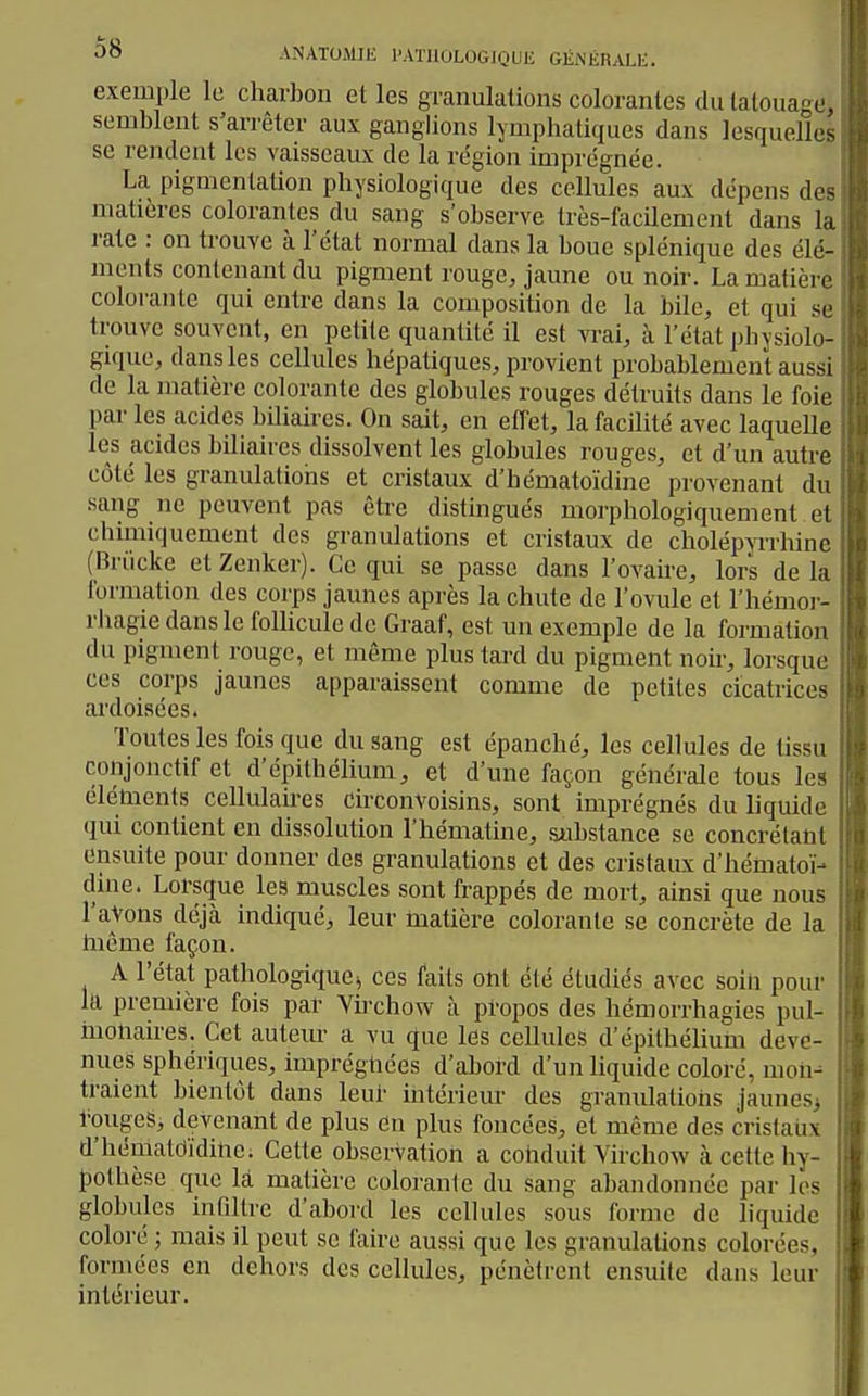 exemple le charbon et les granulations colorantes du tatouage, semblent s'arrêter aux ganglions lymphatiques dans lesquelles se rendent les vaisseaux de la région imprégnée. La pigmentation physiologique des cellules aux dépens des matières colorantes du sang s'observe très-facilement dans la rate : on trouve à l'état normal dans la boue splénique des élé- ments contenant du pigment rouge, jaune ou noir. La matière colorante qui entre dans la composition de la bile, et qui se trouve souvent, en petite quantité il est vrai, à l'état physiolo- gique, dans les cellules hépatiques, provient probablement aussi de la matière colorante des globules rouges détruits dans le foie par les acides bUiaircs. On sait, en effet, la facilité avec laquelle les acides biliaires dissolvent les globules rouges, et d'un autre côté les granulations et cristaux d'hématoïdine provenant du .sang ne peuvent pas être distingués morphologiquement et chimiquement des granulations et cristaux de cholépyTrhine (Briicke et Zenker). Ce qui se passe dans l'ovaire, lors de la formation des corps jaunes après la chute de l'ovule et l'hémor- rhagie dans le folhcule de Graaf, est un exemple de la formation du pigment rouge, et même plus tard du pigment noir, lorsque ces corps jaunes apparaissent comme de petites cicatrices ardoisées. Toutes les fois que du sang est épanché, les cellules de tissu conjonctif et d'épithélium, et d'une façon générale tous les éléments cellulaires circonvoisins, sont imprégnés du liquide qui contient en dissolution l'hématine, sAibstance se concrélaht ensuite pour donner des granulations et des cristaux d'hématoï- dine. Lorsque les muscles sont frappés de mort, ainsi que nous l'atons déjà indiqué, leur matière colorante se concrète de la liiême façon. A l'état pathologiquei ces faits ont été étudiés avec soiii pouf la première fois par Vù-chow à propos des hémorrhagies pul- inonaires. Cet auteur a vu que les cellules d'épithélium deve- nues sphériques, impréghces d'abord d'un liquide coloré, moii^ traient bientôt dans leui' intérieur des granulations jaunes^ l'ougeS, devenant de plus en plus foncées, et môme des cristaux d'hémaldidinc. Cette observation a conduit Virchow à cette hy- jpothèse que là matière colorante du sang abandonnée par les globules infiltre d'abord les cellules sous forme de liquide coloré ; mais il peut se faire aussi que les granulations colorées, formées en dehors des cellules, pénètrent ensuite dans leur intérieur.