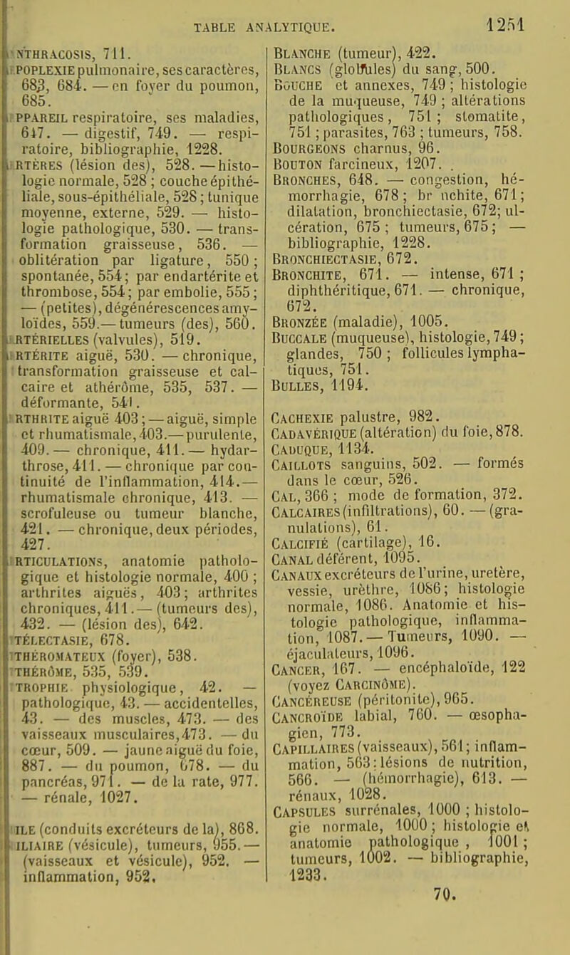 TABLE AN, PiTHRACOSlS, 711. F.POPLEXIE pulmonaire, ses caractères, 68j3, 084. — on foyer du poumon, 685. PPPAREIL respiratoire, ses maladies, 6i7. — digestif, 749. —■ respi- ratoire, bibliographie, 1228. rRTÈRES (lésion des), 528.—histo- logie normale, 528 ; couche épi thé- liale, sous-épithéliale, 528 ; tunique moyenne, externe, 529. — histo- logie pathologique, 530. — trans- formation graisseuse, 536. — oblitération par ligature, 550 ; spontanée, 554; par endartérite et thrombose, 554 ; par embolie, 555 ; — (petites), dégénérescences amy- loïdes, 559.— tumeurs (des), 560. liRTÉRiELLES (valvules), 519. i'RTÉRiTE aiguë, 530. —chronique, ■ transformation graisseuse et cal- caire et athérôme, 535, 537. — déformante, 541. ! RTHRiTE aiguë 403 ; — aiguë, simple et rhumatismale, 403.— purulente, 409.— chronique, 411.— hydar- throse,4H. — chronique par con- tinuité de l'inllammation, 414.— rhumatismale chronique, 413. — scrofuleuse ou tumeur blanche, 421. — chronique, deux périodes, 427. iRTiCULATiONs, anatomic patholo- gique et histologie normale, 400 ; arthrites aiguës, 403; arthrites chroniques, 411.— (tumeurs des), 432. — (lésion des), 642. TTÉr.ECTASIE, 678. iTHÉROMATEUX (fover), 538. THÉRÔME, 535, 539. iTROPHiE physiologique, 42. — pathologique, 43. — accidentelles, 43. —■ des muscles, 473. — des vaisseaux musculaires,473. —du cœur, 509. — jaune aiguë du foie, 887. — du poumon, 078. — du pancréas, 971. — de lu rate, 977. — rénale, 1027. lŒLE (conduits excréteurs de la), 868. IILIAIRE (vésicule), tumeurs, 955.— (vaisseaux et vésicule), 952, — inflammation, 952, ALYTIQUE. 1251 Blanche (tumeur), 422. Blancs (glolJliles) du sang, 500. Bouche et annexes, 749; histologie de la muqueuse, 749 ; altérations pathologiques, 751; stomatite, 751 ; parasites, 763 ; tumeurs, 758. Bourgeons charnus, 96. Bouton farcineux, 1207. . Bronches, 648. — congestion, hé- morrhagie, 678; br nchite, 671; dilatation, bronchiectasie, 672; ul- cération, 675 ; tumeurs, 675 ; — bibliographie, 1228. Bronchiectasie, 672. Bronchite, 671. — intense, 671 ; diphthéritique, 671. — chronique, 672. Bronzée (maladie), 1005. Buccale (muqueuse), histologie, 749 ; glandes, 750 ; follicules lympha- tiques, 751. Bulles, 1194. Cachexie palustre, 982. Cadavérique (altération) du foie, 878. Caduque, 1134. Caillots sanguins, 502. — formés dans le cœur, 526. Cal, 366 ; mode de formation, 372. Calcaires(infdtrations), 60. — (gra- nulations), 61. Calcifié (cartilage), 16. Canal déférent, 1095. Canaux excréteurs de l'urine, uretère, vessie, urèthre, 1086; histoloo-ie normale, 1080. Anatomie et his- tologie pathologique, inflamma- tion, 1087. —Tumeurs, 1090. — éjaculateurs, 1096. Cancer, 167. — encéphaloïde, 122 (voyez Carcinôhe). Cancéreuse (péritonite), 965. Cancroïde labial, 760. — œsopha- gien, 773. Capillaires (vaisseaux), 561 ; inflam- mation, 563: lésions de rmtrition, 566. — (hémorrhagie), 613. — rénaux, 1028. Capsules surrénales, 1000 ; histolo- gie normale, 1000 ; histolope e^ anatomie pathologique , 1001 ; tumeurs, 1002. ~ bibliographie, 1233. 70.