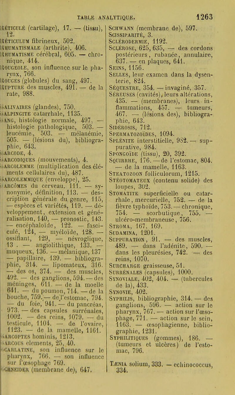 IIÉTICULÉ (cartilage), 17. — (tissu), 12. itÉTicuLUM fibrineux, 502. Uhumatismale (arthrite), 406. Uhumatisme cérébral, 605. — chro- nique, il4r. ilOUCEOLE, son influence sur le pha- rynx, 766. UouGES (globules) du sang, 497. iUiPTURE des muscles, 491. — de la rate, 988. mAlivaires (glandes), 750. iiALPiNGiTE calarrhale, 1135. 1>ANG, histologie normale, 497., — histologie pathologique, 503. — leucémie, 503. — mélanémie, 505. — (lésions du), bibliogra- phie, 643. s ARCODE, 4. liARCODiQUES (mouvements), 4. wARCOLEMME (multiplication des élé- ments cellulaires du), 487. >iARCOLEMMiQLiE (enveloppe), 25. l ARCùMES du cerveau. 111. — sy- nonymie, définition, 113. — des- cription générale du genre, 115, — espèces et variétés, 119. — dé- veloppement, extension et géné- ralisation, 140, — pronostic, 143. — encéphaloïde, 122. — fasci- culé, 124, — myéloïde, 128. — ossifiant, 129, — névroglique, 13 . — angiolithique, 133. — muqueux, 136. —mélanique, 137 — papillaire, 139. — bibliogra- phie, 314. — lipomateux, 316. — des os, 374. — des muscles, 492. — des ganglions, 594. — des méninges, 611. — de la moelle 641. — du poumon, 714. —de la bouche, 759.— dej'cstomac, 794. — du l'oie, 941.— du pancréas, ■ 973. — des capsules surrénales, 1002. — des reins, 1079. — du testicule, llOi. — de l'ovaire, 1123. — de la mamelle, 1161. iARCOi'TE.s hominis, 1213. .AI1C0U.S cléments, 25, 40. •CARi.ATiNE, son iniluencc sur le pharynx, 766. — son influence sur l'œsophage 769. 'CiiNEiDEK (membrane de), 647. ScHWANN (membrane de), 597. Scissiparité, 3. sclérodermie, 1192. Sclérose, 625, 635, — des cordons postérieurs, rubanée, annulaire, 637. — en plaques, 641. Seins, 1156. Selles, leur examen dans la dysen- terie, 824. SÉQUESTRE, 354. —invaginé, 357. Séreuses (cavités), leurs altérations, 435. — (membranes), leurs in- flammations, 457. — tumeurs, 467. — (lésions des), bibliogra- phie, 643. SiDÉROSIS, 712. Spermatozoïdes, 1094. Splénite interstitielle, 982. — sup- purative, 984. Spongoïde (tissu), 20, 392. Squirrhe, 176.—de l'estomac, 804. — de la mamelle, 1163. Steatozoon folliculorum, 1215. Stéotomateux (contenu solide) des loupes, 302. Stomatite superficielle ou catar- rhale, mercurielle, 752. — de la fièvre typhoïde, 753. — chronique, 754. — scorbutique, 755. — ulcéro-membraneuse, 756. Stroma, 167, 169. sudamina, 1201. Suppuration, 91. — des muscles, 489. — dans l'adénite, 590. — dans les pleurésies, 742. — des reins, 1070. Surcharge graisseuse, 51. Surrénales (capsules), 1000. Synoviale, 402, 404. — (tubercules de la), 433. Synovie, 402. Syphilis, bibliographie, 314. — des ganglions, 596. — action sur le pharynx, 707. — action sur l'œso- phage, 771. — action sur le soin, 1163. — œsophagienne, biblio- graphie, 1231. Syphilitiques (gommes), 186. — (tumeurs et ulcères) do l'esto- mac, 796. TyENiA solium, 333. — echinococcus, 334.