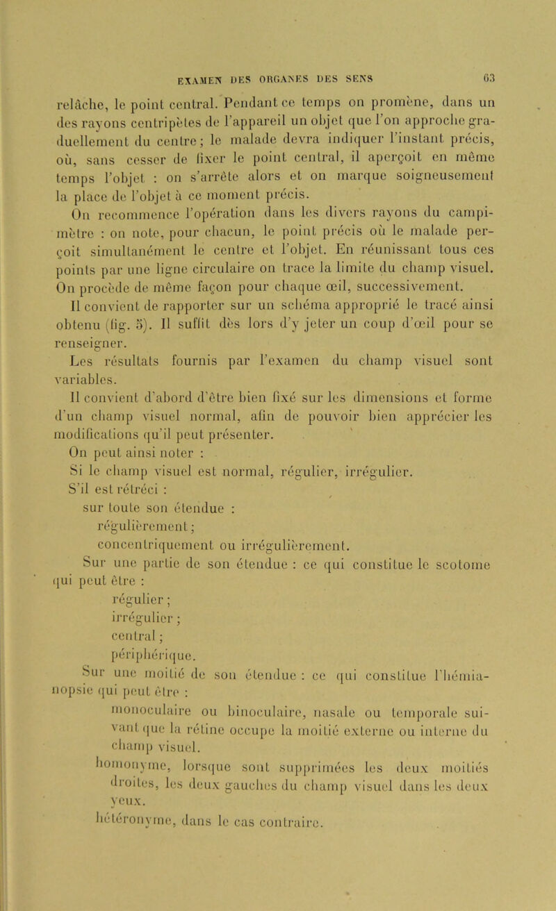 relâche, le point central. Pendant ce temps on promène, dans un des rayons centripètes de l’appareil un objet que l’on approche gra- duellement du centre ; le malade devra indi([ucr 1 instant précis, où, sans cesser de (ixcr le point central, il aperçoit en rnerne temps l’objet ; on s’arrête alors et on marque soigneusement la place de l’objet à ce moment précis. On recommence l’opération dans les divers rayons du campi- mèlre : on note, pour chacun, le point précis où le malade per- çoit simultanément le centre et l’objet. En réunissant tous ces points par une ligne circulaire on trace la limite du champ visuel. On procède de même façon pour chaque œil, successivement. Il convient de rapporter sur un schéma approprié le tracé ainsi obtenu (lig. o). H subit dès lors d’y jeter un coup d’œil pour se renseigner. Les résultats fournis par l’examen du champ visuel sont variables. Il convient d’abord d’être bien fixé sur les dimensions et forme d’un champ visuel normal, afin de pouvoir bien apprécier les modifications (|u’il peut présenter. On peut ainsi noter : Si le champ visuel est normal, régulier, irrégulier. S’il est rétréci : sur toute son étendue : régulièrement ; concentriquement ou iri'égulièrernent. Sur une partie de son étendue : ce qui constitue le scotoine qui peut être : régulier ; irrégulier ; central ; péripbéi-i([ue. Sur une moitié de sou étendue : ce ({ui constitue riiéinia- nopsie qui j)eiit êtj-(‘ : monoculaire ou binoculaire, nasale ou temporale sui- vant (|ue la l’étine occupe la moitié externe ou interne ilu champ visuel. boinonyiiie, lors({ue sont supprimées les deux moitiés droites, les deux gauches du chanq) visuel dans les deu.x yeux. hetéronyine, dans le cas contraire.