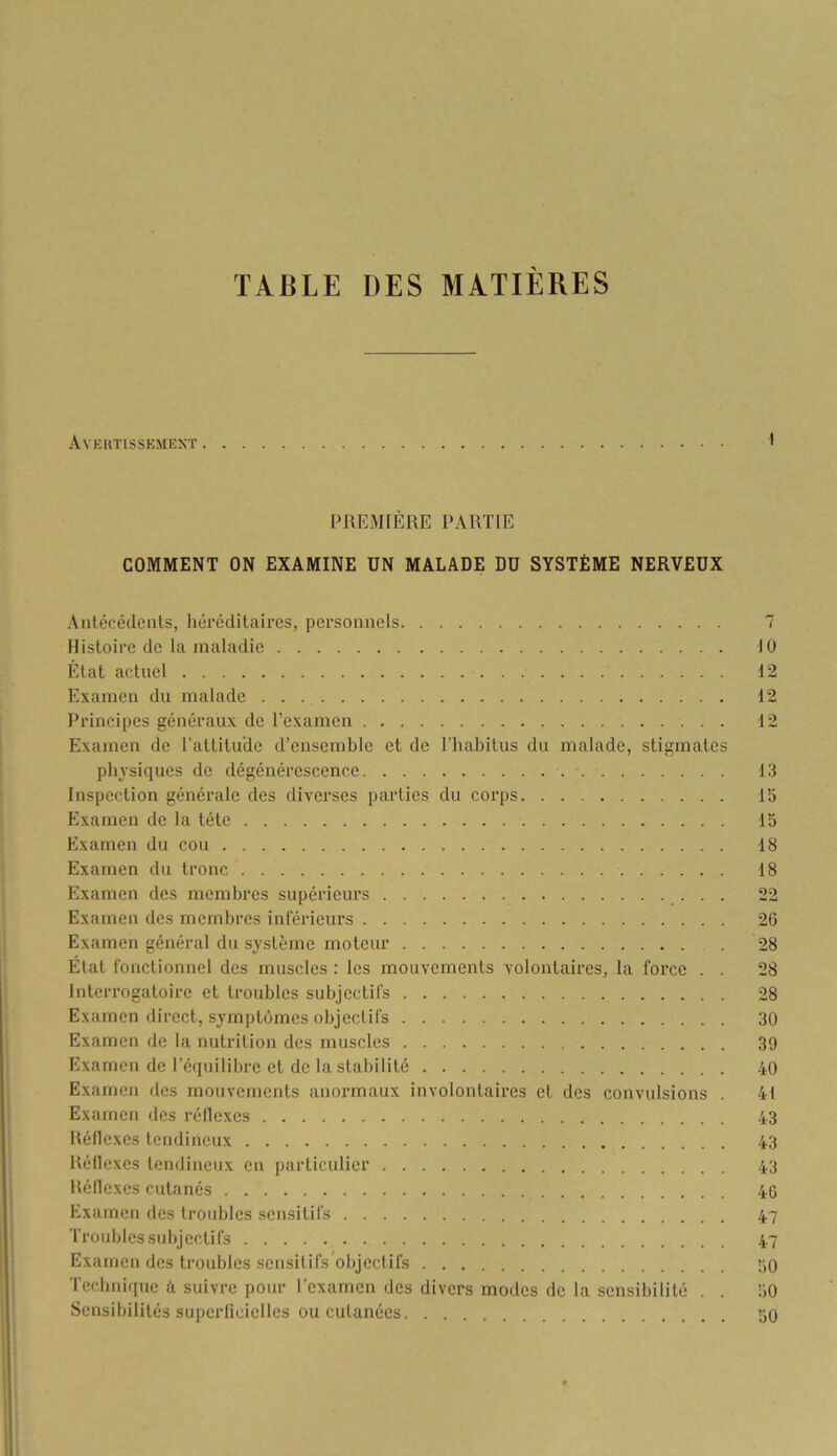 Avertissement • PREMIÈRE PARTIE COMMENT ON EXAMINE UN MALADE DU SYSTÈME NERVEUX Antécédents, héréditaires, personnels 7 Histoire de la maladie tO État actuel 12 Examen du malade 12 Principes généraux de l’examen 12 Examen de rattilude d’ensemble et de l’habitus du malade, stigmates phj'siques de dégénérescence 13 Inspection générale des diverses parties du corps 15 Examen de la tête 15 Examen du cou 18 Examen du tronc 18 Examen des membres supérieurs • • • 22 Examen des membres inférieurs 26 Examen général du système moteur 28 État fonctionnel des muscles : les mouvements volontaires, la force . . 28 Interrogatoire et troubles subjectifs 28 Examen direct, symptômes objectifs 30 Examen de la nutrition des muscles 39 Examen de l’équilibre et de la stabilité 40 Examen des mouvements anormaux involontaires et des convulsions . 41 Examen des réllexes .43 Réllexcs tendineux 43 Réllexes tendineux en particulier 43 Réflexes cutanés 40 Examen des troidjlcs sensitifs 47 Troubles subjectifs 47 Examen des troubles sensitifs objectifs 50 Technique ii suivre pour l’exarncn des divers modes de la sensibilité . . 50 Sensibilités supeiTicielles ou cutanées 00