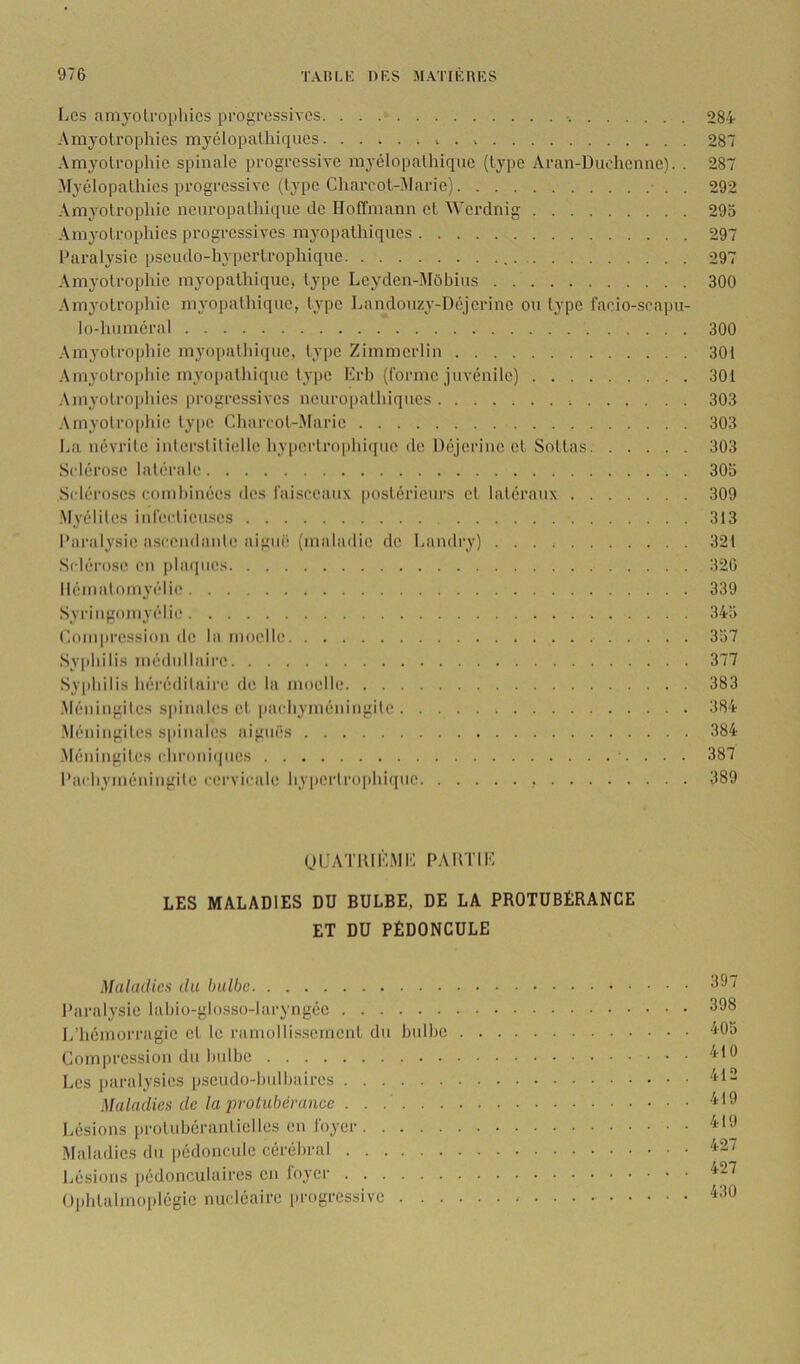 Les amyotrophics progressives ■ 284 Amyotrophies myélopalhiques . > 287 Amyotrophie spinale progressive myélopalhique (type Aran-Duohenne). . 287 Myélopathies progressive (type CharcoUMarie) . 292 Amyotrophie neuropathique de Hoffmann et Werdnig 295 Amyotrophics progressives myopathiques 297 l'aralysie pseudo-hypertrophique , 297 Amyotropliic myopathique, type Leyden-Môhins 300 Amyotrophie myopathique, type Laudonzy-Déjcrinc ou type facio-scapu- lo-luiméral 300 Amyotrophie myopalliique, type Zimmerlin 30t Amyotrophie myo[iathiquc type Erh (forme juvénile) 301 Amyotro|)hies jirogressives neuropathiques 303 Amyotrophie ly|)C Charroi-Marie 303 lui uévrilc interslilielle hy|icrtroi)liiquc de Déjeriuc et Sottas 303 Sclérose latérale 305 Scléroses coiuhinées des faisceaux postérieurs et latéraux 309 Myélites infectieuses 313 Paralysie ascenilante aiguë (maladie de Landry) 321 Sclérose en phnpies 326 llématomyélie 339 Syringomyélie 345 Coiii|)ression de la moelle 357 Sy|)hilis médullaire 377 Syphilis héréditaire de la moelle 383 Méningites spinales et pachyméningite 384 Méningites spinales aiguës 384 Méningites chronitpics . 387 Pachyméningite cervicale liy[)Crtrophique 389 UUATIUÉMK PAItTIE LES MALADIES DU BULBE, DE LA PROTUBERANCE ET DU PÉDONCULE Maladies du bulbe 3^” l’aralysie lahio-glosso-laryngée 398 L’hémorragie et le ramollissement du bulbe 405 Compression du bulbe Les i)aralysies pseudo-hulhaires ''*1- Maladies de la protubérance . . Lésions protubéranticllcs en foyer ''**3 Maladies du pédoncule cérébral ^2/ Lésions pédonculaircs en foyer ^27 Oiihlalmoplégie nucléaire progressive ^530