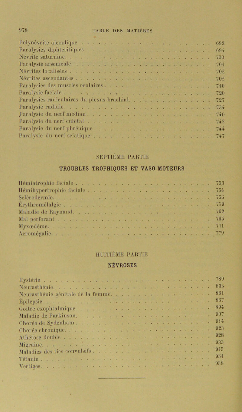 Polynévrite alcoolique 692 Paralysies diphlériliqucs 694 Névrite saturnine 709 Paralysie arsenicale 701 Névrites localisées 702 Névrites ascendantes 702 Paralysies des muscles oculaires 710 Paralysie faciale 720 Paralysies radiculaires du plexus brachial. . 727 Paralysie ratliale 734 J’aralysie du nerf médian 740 Paralysie du nerf cubital 742 Paralysie du nerf pbi'éniqcu' 744 Paralysie du nerf scialique 747 .SKPTIKME PAUTIE TROUBLES TROPHIQUES ET VASO-MOTEURS llémiatropbie faciale 753 lléniibypcrlropbie faciale 754 Sclérodermie 755 Krylbromélalpie 759 .Maladie de Itaynaiid. 702 Mal perlbrani 765 .Myxœdéine 771 .\cromégalie 779 IIUITIÊMI': PAUTIK NÉVROSES Hystérie Neurastbénie ^35 Neurasthénie frénilale de la femme 861 Epilepsie 867 (loitre exophtalmique 894 Maladie de Parkinson 607 Chorée de Sydenham 614 Chorée chronique 623 .Mhétose doid)le 628 Migraine 638 Maladies des tics convulsifs 645 Tétanie Vertiges