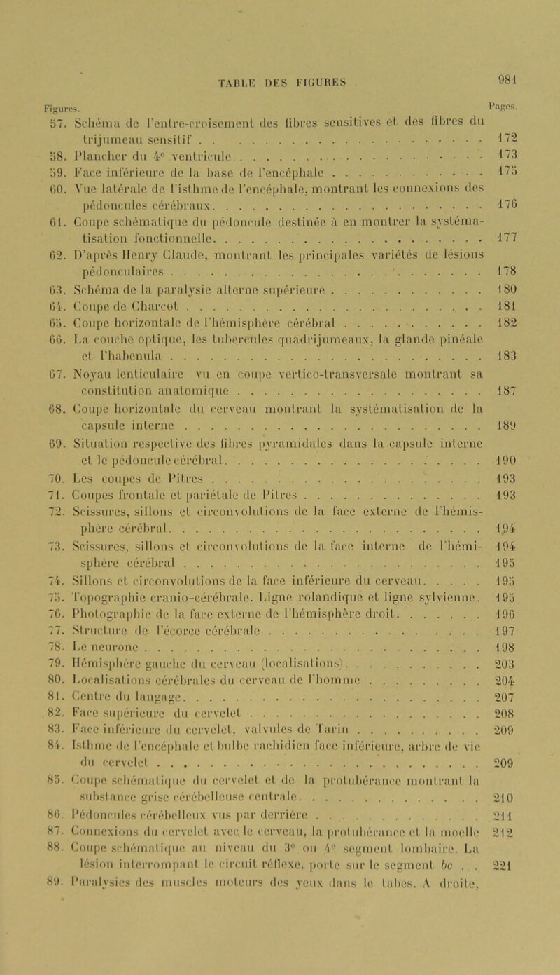 Figures. Pages. 57. Sdiéma de reiilrc-croisoincnl des fibres sensitives el des fibres du Irijiiincan sensilif o8. Plam her du 4“ venlrirule 1)9. Face inlcrieure de la liase de l’euccpbale l~‘â (10. Vue latérale de l'isthme de l’encéphale, montrant les connexions des pédoncules cérébraux 176 61. Coupe schématique du pédoncide destinée il en montrer la systéma- tisation fonctionnelle 177 62. D’après Henry Claude, montrant les principales variétés de lésions pédonculaires 178 63. Schéma de la paralysie alterne supérieure 180 64. Coupe de Charcot 181 63. Coupe horizontale de l’hémis|)hère cérébral 182 66. La couche optique, les tubercules quadrijumeaux, la glande pinéale et l’habenula 183 67. Noyau lenticulaire vu en coupe vertico-transversale montrant sa constitution amitomiquc 187 68. Coiqjc horizontale du cerveau moidrant la systéimvtisalion de la capsule interne 189 69. Situation respeclive dos fibres pyramidales dans la capside interne et le pédoncule cérébral 190 70. Les coupes de Pitres 193 71. Coupes frontale et pariétale de Pitres 193 72. Scissures, sillons et circonvolutions de la face externe de Phémis- phère cérébral 1,94 73. Scissures, sillons et circonvohdions de la face iidcrne de l'hémi- 194 sphère cérébral 195 74. Sillons cl circonvolutions de la face inférieure du cerveau 195 75. topographie cranio-cérébrale. Ligne rolandique et ligne sylvicnne. 195 76. Photographie de la face externe de rhémis[)bère droit 196 77. SIructure de l’écorce cérébrale 197 78. Le neurone 198 79. Iléiids])hcre gauche du cerveau (localisations) 203 80. Localisations cérébrales du cerveau de l’homme 204 81. Centre du langage 207 82. Face supérieure du cervelet 208 83. Face inférieure ilu cervelet, valvules de Tarin 209 8L Isthme de rcncépbalc el hidbe rachidien face inférieure, arbre de vie du cervelet 209 85. Coiqic schématique du cervelet el de la protubérance montrant la substance grise cérébellcu.sc centrale 210 86. Pédoncules cérébelleux vus par derrière 211 87. Connexions du cervelet avec, le cerveau, la protidiérance el la moelle 212 88. Coupe schématique au niveau du 3” ou 4 segment lombaire. La lésion iiiterrompani le circuit réllexe, porte sur le segment 6c . . 221 89. Pai-alysies des mu.scles moteurs des yeux dans le tabes. A droite.