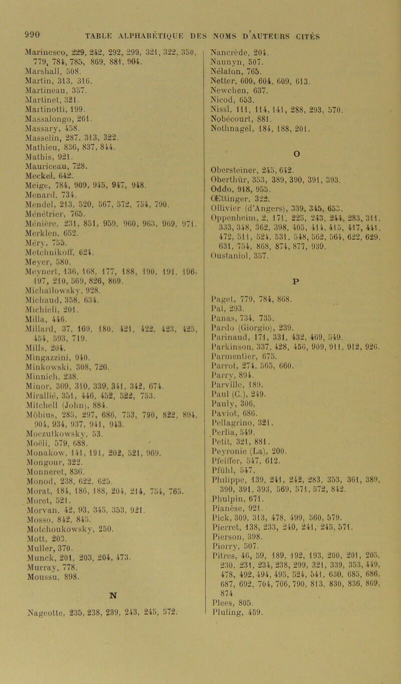 Mariiieseo, 229, 242. 292, 299, 321, 322, 3o0, 779, 784, 785, 869, 881, 904. Marshall, 508. Martin, 313, 316. Martineau, 337. Martinet, 321. MarÜnoLli, 199. Massalongo, 261. Massary, 438. Masselin, 287. 313, 322. Mathieu, 830, 837, 844. Mathis, 921. Mauriccau, 728. Meckcl, 642. Meige, 784, 909, 943, 947, 948. Ménard, 734. .Mendel, 213, 520, 367, 372, 734, 790. -Mi'iiétriei’, 765. Ménière, 231, 831, 959. 960, 963, 969. 971. Merlilen. 032. .Méry, 735. .Melchnikuir. 624. Meyer, 380. Meynerl, 136, 168. 177, 188, 19(1, 191. 196, 197, 210, 369, 826, 869. .Midi aï IO \vs k V. 928. Michaud, 338, 634. •Michieli, 201. Milia, 446. Millard, 37, 109. 180, 421. 422, 423, 423, 434, 393, 719. Mills, 204. Mingazzini, 940. Miiikuwski, 308, 720. Minnich. 238. iMinor, 309, 310, 339,341, 342, 074. .Mirallié, 351, 440, 452, 322, 733. .Mitdndl (John), 884. .Mühius, 283, 297, 686, 733, 790, 822, 894. 904, 934, 9.37, 941, 943. .MurzulkoNVskV, 33. Moëli, 579, 688. .Monaküw, 141, 191, 202, 321, 909. .Mongoiir, 322. .Monneret, 83(i. Monod, 238. 622. 625. Morat, 184, 186, 188, 20 4, 214, 734, 763. Moret, 321. Morvan, 42, 93, 343, .353, 921. Mosso. 842, 843. Motchoukowsky, 250. .Mott, 203. Muller, 370. Munck, 201, 203, 204, 473. .Murray, 778. Moussu. 898. N Nancrède, 204. Naunyn, 507. Nélalon, 765. Netter, 600, 604, 009, 613. Newchen, 637. Nicod, 653. Nissl, 111, 114,141, 288, 293, 570. Nobécourt, 881. Nothnagel, 184, 188, 201. O Obersteiner, 243, 642. Oberthür, 333, 389, 390, 391, 393. Oddo. 918, 933. Œttinger. 322. Ollivier (d’Angers), 339, 345, 633. Oppenhehn, 2, 171, 223, 243, 244, 283, 311, 3.13, 348, 302, 398, 403, 414, 413, 417, 441. 472, 311, 324. 531. 348, 362, 364, 622, 629. 031, 734, 868, 874, 877, 939. Ouslaniol, 337. P l'agel, 779, 784, 868. l'al, 293. Panas, 734, 733. l'ardo ((Jiorgio), 239. l’arinaud, 171, 331, 432, 469, 349. Parkinson. 337, 428, 456, 909, 911, 912, 926. Parincntier, 673. Parrol, 274, 365, 660. Parrv, 894. Parv'ille, 189. l'aul (C.), 249. Pauly, 306. Paviol, 68(i. Pellagrino, 321. Perlia, 349. Polit, 321, 881. Peyronie (La), 200. Pleill'er, 347, 012. Prohl, 347. Phdippe, 139, 241, 242, 283, 353, 361, 389, 390, 391, 393, 369, 371, 572, 842. Phulpin, 671. Pianèso, 921. Pick, 309, 313, 478, 499, 360, 579. Pierrot, 138, 233, 240, 241, 245, 571. Pierson, 398. Piorry, 307. Pitres, 46, 39, 189, 192, 193, 200, 201, 203. 230. 231, 234, 238, 299, 321, 339, 333, 449, 478, 492, 494, 495, 324, 541, 6.30, 683, 686. 687, 692, 704,706,790, 813, 830, 836, 809. 874 Plees, 805. Pluling, 459. Nageotlo, 235, 238, 239, 243, 243, 372.