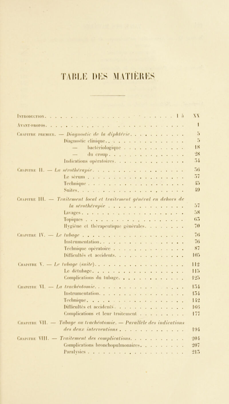 Introücctiox là W Avant-photos I ClIVTITRE PR KM I KM. IHagilOst ie de la diphtérie Diagnostic clini(|iie — bactériologique . . — du croup .... Indications opératoires. . . Chapitre II. — La sérothérapie I.e sérum Technique Suites .> .) 18 28 54 .><> 7,1 M 49 Chapitre III. — Traitement loeal et Iraitement général en dehors de la sérothérapie 57 Lavages 5 S Topiques 03 Hygiène et thérapeutique générales 70 Chapitre IV. — Le tubage 70 Instrumentation 70 Technique opératoire 87 Difficultés et accidents 105 Chapitre V. — Le tubage (suite) Le détubage Complications du tubage Chapitre VI. — La trachéotomie . . Instrumentation Technique Difficultés et accidents Complications et leur traitement Chapitre VII. — Tubage ou trachéotomie. — Para Hèle des indications des deux interventions 112 115 1 *25 154 154 1-42 106 177 194 Chapitre Mil. — Traitement des complications 204 Complications bronchopulmonaires 207 Paralysies 215