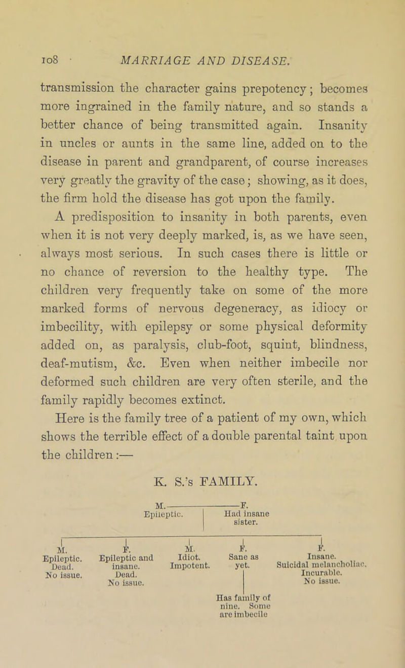 transmission the character gains prepotency; becomes more ingrained in the family nature, and so stands a better chance of being transmitted again. Insanity in uncles or aunts in the same line, added on to the disease in parent and grandparent, of course increases very greatly the gravity of the case; showing, as it does, the firm hold the disease has got upon the family. A predisposition to insanity in both parents, even when it is not very deeply marked, is, as we have seen, always most serious. In such cases there is little or no chance of reversion to the healthy type. The children very frequently take on some of the more marked forms of nervous degeneracy, as idiocy or imbecility, with epilepsy or some physical deformity added on, as paralysis, club-foot, squint, blindness, deaf-mutism, &c. Even when neither imbecile nor deformed such children are very often sterile, and the family rapidly becomes extinct. Here is the family tree of a patient of my own, which shows the terrible effect of a double parental taint upon the children:— K. S.’s FAMILY. M. Epileptic. F. Had insane sister. M. Epileptic. Dead. No issue. F. Epileptic and insane. Dead. No issue. Impotent. M. Idiot. F. Sane as yet. F. Insane. Suicidal melancholiac. Incurable. No issue. Has family of nine. Some are imbecile