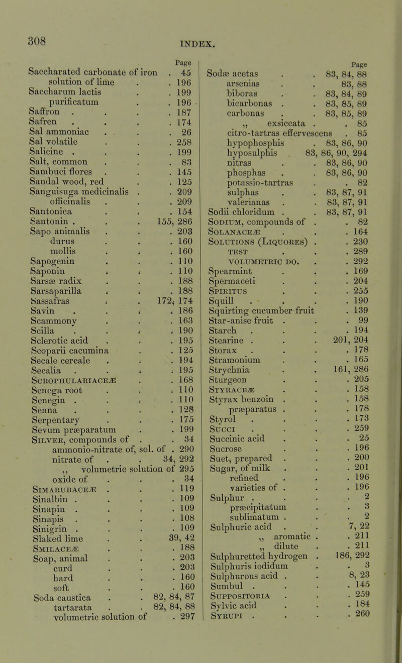 172 Saccharated carbonate of iron solution of lime Saccharum lactis purificatum Saffron Safren Sal ammoniac Sal volatile Salicine . Salt, common Sambuci flores Sandal wood, red Sanguisuga medicinalis officinalis Santonica Santonin . Sapo animalis durus mollis i Sapogenin « Saponin 4 Sarsse radix Sarsaparilla * Sassafras * Savin Scammony Scilla Sclerotic acid Scoparii cacumina Secale cereale Secalia SCROPHULARIACE^ Senega root Senegin . Senna Serpentary Sevum praeparatum Silver, compounds of ammonio-nitrate of, sol. of nitrate of . _ . 34, 292 ,, volumetric solution of 295 oxide of . . .34 SiMARUBACEiE . . .119 Sinalbin . . . .109 Sinapin .... 109 Sinapis . . . .108 Sinigrin . . . .109 Slaked lime . . 39, 42 Smilace/e . . .188 Soap, animal . . • 203 curd . . .203 hard . . .160 soft . . .160 Soda caustica . . 82, 84, 87 tartarata . _ .82, 84, 88 volumetric solution of . 297 Pago 43 . 196 . 199 . 196 . 187 . 174 . 26 . 258 . 199 . 83 . 145 . 125 . 209 . 209 . 154 155, 286 . 203 . 160 . 160 . 110 . 110 . 188 . 188 174 186 163 190 195 125 194 195 168 110 110 128 175 199 34 290 Soda; acetas arsenias biboras bicarbonas carbonas ,, exsiccata citro-tartras effervescens hypopbosphis hyposulphis 83 nitras phosphas potassio-tartras sulphas valerianas Sodii chloridum . Sodium, compounds of solanace^ Solutions (Liquores) TEST VOLUMETRIC DO. Spearmint Spermaceti Spiritus Squill Squirting cucumber fruit Star-anise fruit . Starch Stearine ; Storax Stramonium Strychnia Sturgeon Styrace^ Styrax benzoin . prseparatus . Styrol Succi Succinic acid Sucrose Suet, prepared . Sugar, of milk refined varieties of . Sulphur . praacipitatum sublimatum . Sulphuric acid „ aromatic „ dilute Sulphuretted hydrogen Sulphuris iodidum Sulphurous acid Sumbul . SUPPOSITORIA Sylvic acid Syrupi . Page 83, 84, 88 83, 88 83, 84, 89 83, 85, 89 83, 85, 89 . 85 83, 86, 90 86, 90, 294 83, 86, 90 83, 86, 90 . 82 83, 87, 91 83, 87, 91 83, 87, 91 . 82 . 164 . 230 . 289 . 292