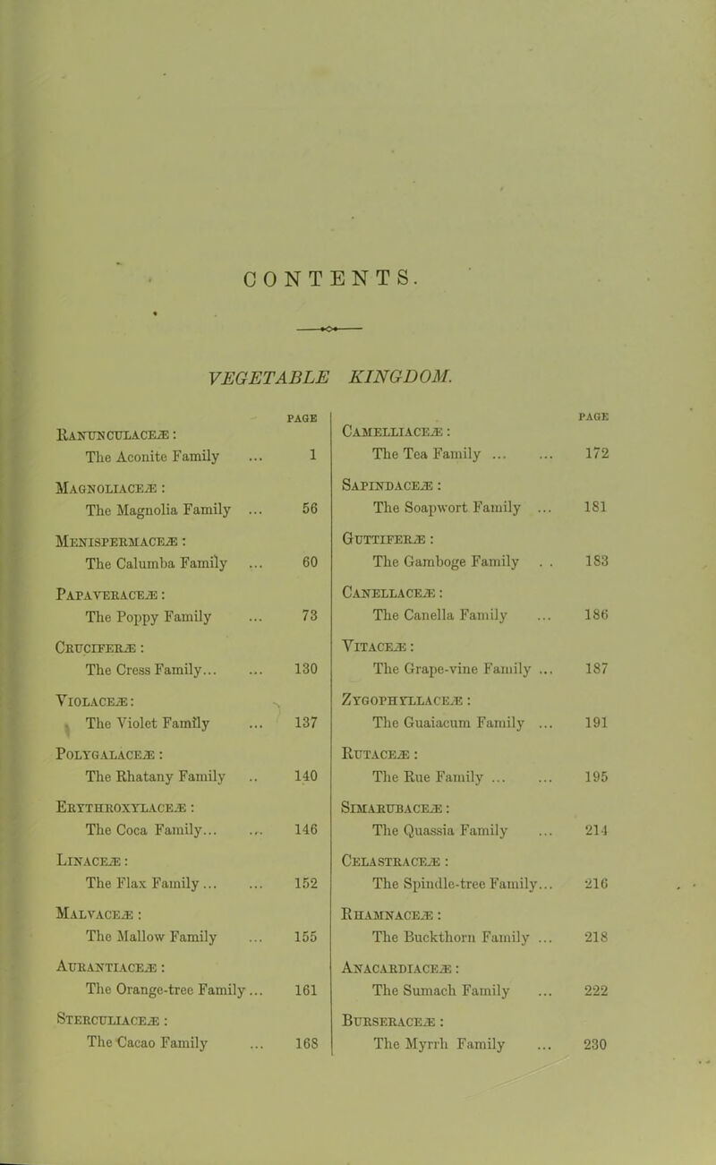 CONTENTS. VEGETABLE KINGDOM. Ranto culaceje : The Aconite Family PAGE 1 M.AGNOLIACEiE : The Magnolia Family ... 56 Menisperaiace/e : The Calumba Family 60 PAPAVERACEiE : The Poppy Family 73 CRTTCIFERiE : The Cress Family... 130 YlOLACEiE: The Violet Family 137 POLYGALACEiE : The Rhatany Family 140 Erythroxylaceje : The Coca Family... 146 LlNACEiE : The Flax Family 152 Malvaceje : The Mallow Family 155 AuRANTIACEiE : The Orange-tr-ee Family... 161 SlERCULIACEiE : The Cacao Family 16S PAGE Camelliaceje : The Tea Family ... ... 172 SAPIXDACEiE : The Soapwort Family ... 1S1 GrUTTIFERiE : The Gamboge Family .. 183 CanellaceyE : The Canella Family ... 186 YlTACEiE: The Grape-vine Family ... 187 ZyGOPHYLLACEyE : The Guaiacum Family ... 191 RETACE2E: The Rue Family 195 SlMARCPACEiE : The Quassia Family ... 214 Celastraceje : The Spindle-tree Family... 216 Riiamnace.e : The Buckthorn Family ... 218 Anacardiace.® : The Sumach Family ... 222 BtTRSERACEiE : The Myrrh Family ... 230