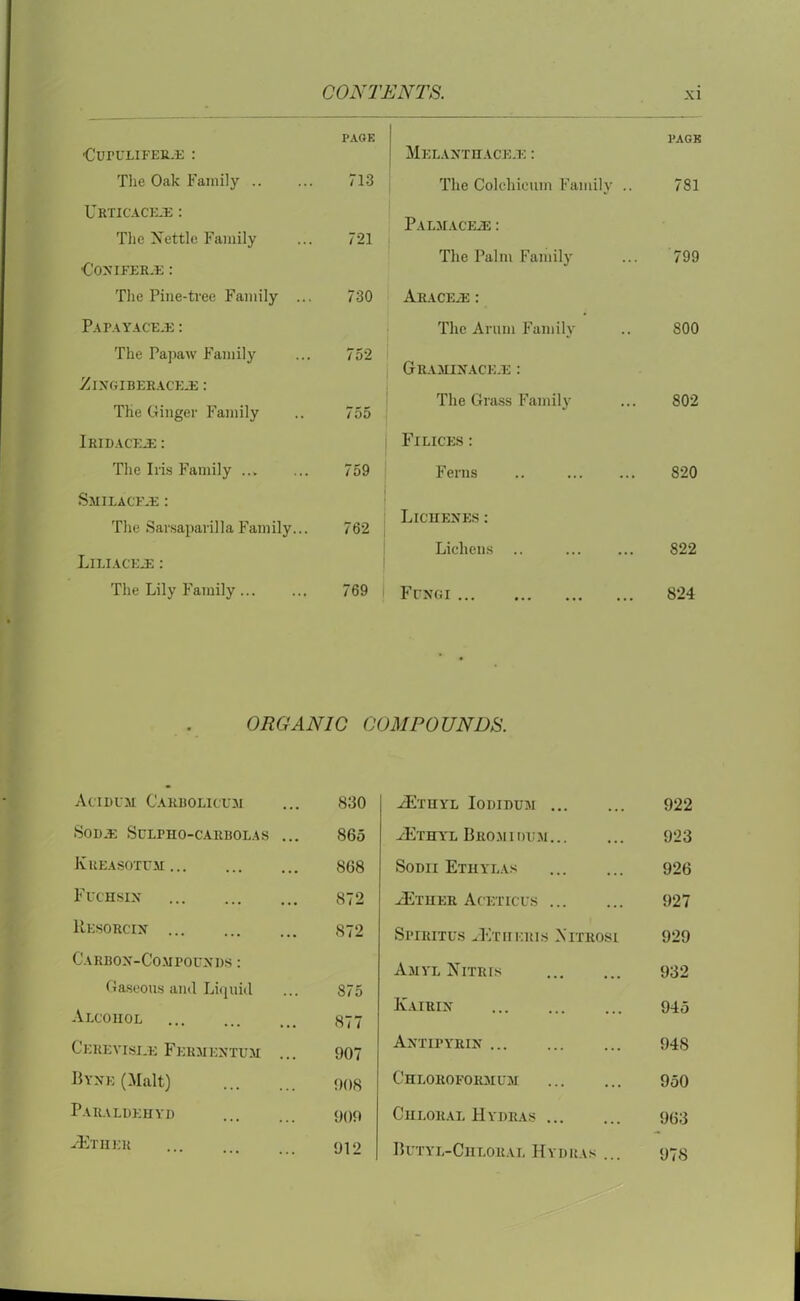 PAGE I PAGE CuruLiFER.E : Melaxthace.e : Tlie Oak Family 713 The Colchicum Family .. 781 Urticacejj : Pa LMACE2E : The Nettle Family Cox I FER.E : 721 The Palm Family 799 The Pine-tree Family ... 730 Arace.e : Papayaceje : The Arum Family SOO The Papaw Family ■ZlNGIBERACEJE : The Ginger Family 752 Gramixace.e : The Grass Family 802 /oo Irtdaceje: Filices : The Iris Family ... 759 Ferns .. 820 S.MILACF.E : The Sarsaparilla Family... 762 Lichexes : Liliaceje : Lichens 822 The Lily Family 769 Fungi 824 ORGANIC COMPOUNDS. Acidum Carbolicum 830 SodSuLPIIO-CARBOLAS ... 865 Kreasotum 868 Fuchsix 872 Resorcix 872 Carbox-Compouxds : Gaseous and Liquid 875 Alcohol 877 Cerevisi.e Fermextum ... 907 Byxe (Malt) 908 Paraldehyd 909 Hither 912 -3£thyl Iodidtjm 922 ylvrnYL Bromioum 923 Sodii Ethylas 926 -cEther Aceticus 927 SPIRITUS iE'IIIKRIS NlTROSI 929 Amyl Nitres 932 K.yirix 945 Axtepyrin 948 Chloroformum 950 Chloral Hydras 99:3 Butyl-Ciiloral Hydras ... 978
