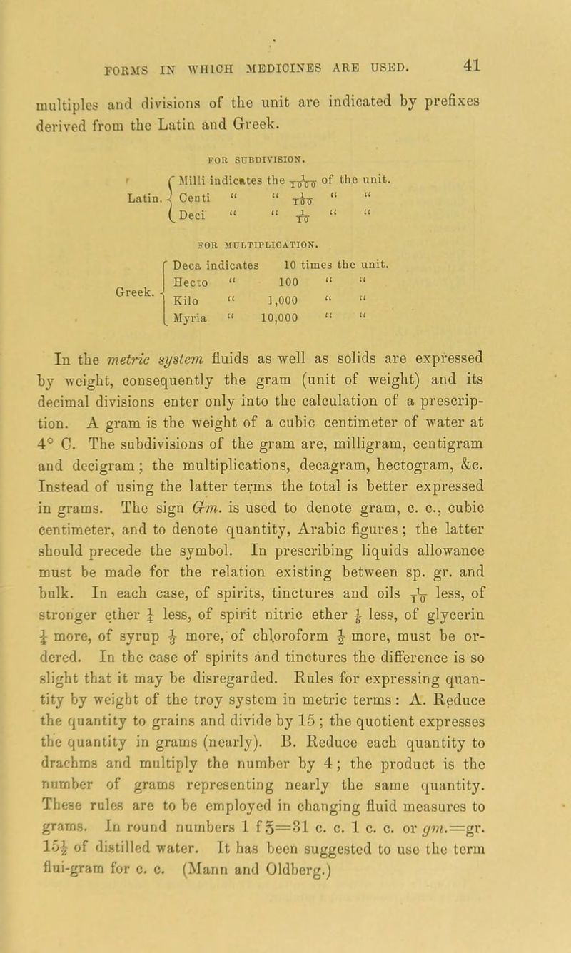 multiples and divisions of the unit are indicated by prefixes derived from the Latin and Greek. FOB SUBDIVISION. f Mill! indicates the -j^ns Latin. -) Centi “ “ (_ Deci “ “ of the unit. ii it it ii FOB MULTIPLICATION. ' Deca indicates Hecto “ Greek.- Kilo Myria ii ii 10 times the unit. 100 It It ] ,000 It tt 10 ,000 It tt In the metric system fluids as well as solids are expressed hv weight, consequently the gram (unit of weight) and its decimal divisions enter only into the calculation of a prescrip- tion. A gram is the weight of a cubic centimeter of water at 4° C. The subdivisions of the gram are, milligram, centigram and decigram ; the multiplications, decagram, hectogram, &c. Instead of using the latter terms the total is better expressed in grams. The sign dm. is used to denote gram, c. c., cubic centimeter, and to denote quantity, Arabic figures; the latter should precede the symbol. In prescribing liquids allowance must be made for the relation existing between sp. gr. and bulk. In each case, of spirits, tinctures and oils less, of stronger ether ^ less, of spirit nitric ether ^ less, of glycerin \ more, of syrup £ more, of chloroform J more, must be or- dered. In the case of spirits and tinctures the difference is so slight that it may be disregarded. Rules for expressing quan- tity by weight of the troy system in metric terms: A. Reduce the quantity to grains and divide by 15 ; the quotient expresses the quantity in grams (nearly). B. Reduce each quantity to drachms arid multiply the number by 4; the product is the number of grams representing nearly the same quantity. These rules are to be employed in changing fluid measures to grams. In round numbers 1 f.5=31 c. c. 1 c. c. or gm.=gv. 15| of distilled water. It has been suggested to use the term flui-gram for c. c. (Mann and Oldberg.)