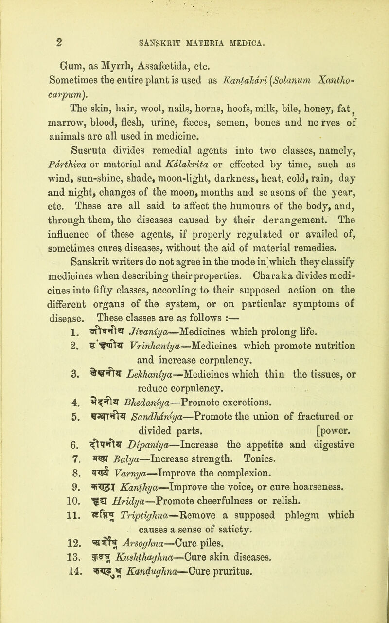 Gum, as Myrrh, Assafoetida, etc. Sometimes the entire plant is used as KantaMri [Solanum Xantho- carpiim). The skin, hair, wool, nails, horns, hoofs, milk, bile, honey, fat^ marrow, blood, flesh, urine, faeces, semen, bones and ne rves of animals are all used in medicine. Susruta divides remedial agents into two classes, namely, Farthwa or material and Kdlahrita or effected by time, such as wind, sun-shine, shade, moon-light, darkness, heat, cold, rain, day and night, changes of the moon, months and se asons of the year, etc. These are all said to affect the humours of the body, and, through them, the diseases caused by their derangement. The influence of these agents, if properly regulated or availed of, sometimes cures diseases, without the aid of material remedies. Sanskrit writers do not agree in the mode in”which they classify medicines when describing their properties. Oharaka divides medi- cines into fifty classes, according to their supposed action on the different organs of the system, or on particular symptoms of disease. These classes are as follows :— Mvanfya—Medicines which prolong life. 2. ^ Vrinlianiya—-Medicines which promote nutrition and increase corpulency. 3. Lekhaniya—Medicines which thin the tissues, or reduce corpulency. 4. BJiedamya—Yvoxnote excretions. 5. SandTidniya—Vvomoie the union of fractured or divided parts. [power. 6. Dipaniya—lnexe^ise the appetite and digestive 7. Increase strength. Tonics. 8. Varnya—Improve the complexion. 9. Kanthya—Improve the voice, or cure hoarseness. 10. Hridya—Vvomoie cheerfulness or relish. 11. Triptighna—^Hemove a supposed phlegm which causes a sense of satiety. 12. Arsoghia—Cure piles. 13. Kushthaghna—Qnxe skin diseases. 14. Kandughna—Cure pruritus.