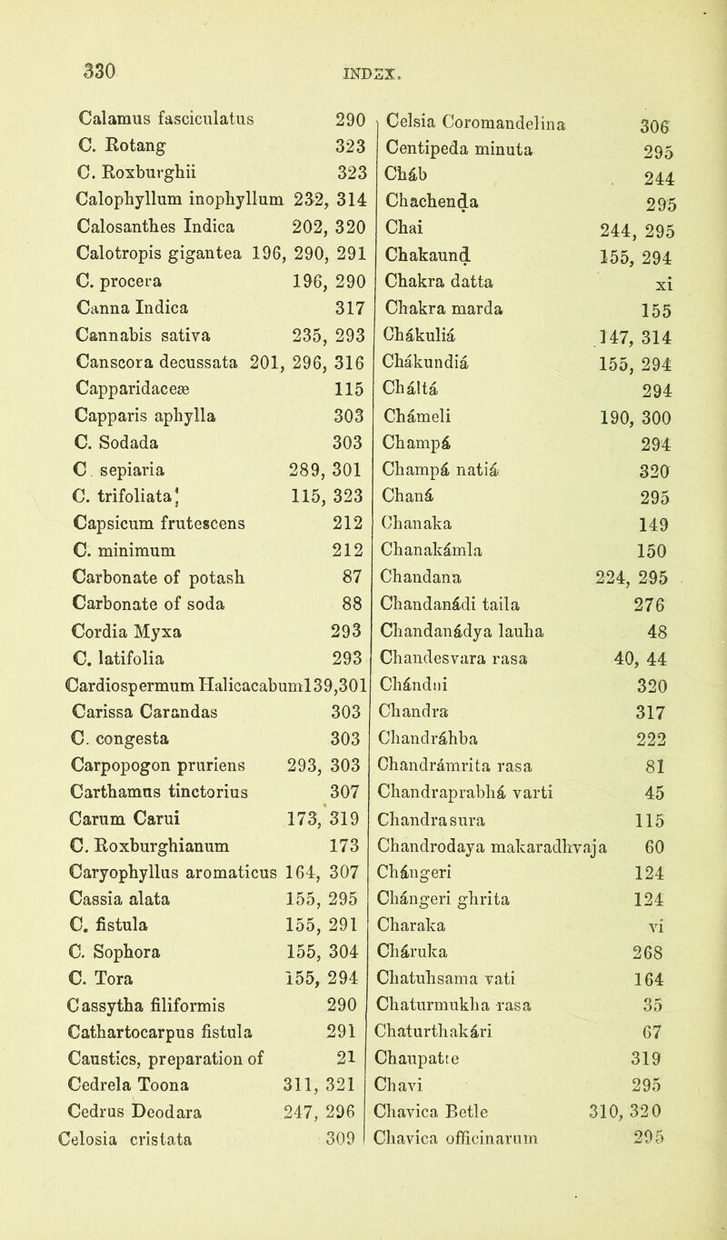 Calamus fasciculatus 290 Celsia Coromandelina 306 C. Eotang 323 Centipeda minuta 295 C. Roxburghii 323 Chdb 244 Calophyllum inopliyllum 232, 314 Chachenda 295 Calosanthes Indica 202, 320 Chai 244, 295 Calotropis gigantea 196 , 290, 291 Chakaund 155, 294 C. procera 196, 290 Chakra datta xi Canna Indica 317 Chakra marda 155 Cannabis sativa 235, 293 Chakulia .147, 314 Canscora decussata 201 , 296, 316 Chakundia 155, 294 Capparidaceee 115 Chalta 294 Capparis aphylla 303 Chameli 190, 300 C. Sodada 303 Champ^ 294 C. sepiaria 289, 301 Champ^i natia 320 C. trifoliata j 115, 323 Chand 295 Capsicum frutescens 212 Chanaka 149 C. minimum 212 Chanak4mla 150 Carbonate of potash 87 Chandana 224, 295 Carbonate of soda 88 Chandan£,di taila 276 Cordia Myxa 293 Chandanddya lauha 48 C. latifolia 293 Chandesvara rasa 40, 44 Cardiospermum Halicacabuml 39,301 Cli4ndni 320 Carissa Carandas 303 Chandra 317 C. congesta 303 Chandr^hba 222 Carpopogon pruriens 293, 303 Chandramrita rasa 81 Carthamus tinctorius 307 Chandraprabhd varti 45 Carum Carui 173, 319 Chandra sura 115 C. Roxburghianum 173 Chandrodaya makaradhvaja 60 Caryophyllus aromaticus 164, 307 Chdngeri 124 Cassia alata 155, 295 Changeri ghrita 124 C. fistula 155, 291 Charaka vi C. Sophora 155, 304 Chd-ruka 268 C. Tora 155, 294 Chatuhsama yati 164 Cassytha filiformis 290 Chaturmukha rasa 35 Cathartocarpus fistula 291 Chaturthakdri 67 Caustics, preparation of 21 Chaupatte 319 Cedrela Toona 311, 321 Chavi 295 Cedrus Deodara 247, 296 Chavica Betle 310, 320 Celosia cristata 309 Chavica ofScinarnm 295