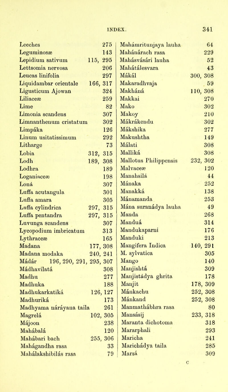 Leeches 275 Mahamritunjaya lauha 64 Leguminosae 143 Mahanarach rasa 229 Lepidium sativum 115, 295 Mahasvasari lauha 52 Lettsomia nervosa 206 Mahatalesvara 43 Leucas linifolia 297 Makal 300, 308 Liquidambar orientale 166, 317 Makaradhvaja 59 Ligusticum Ajowan 324 Makhana no, 308 Liliacese 259 Makkai 270 Lime 82 Mako 302 Limonia scandens 307 Makoy 210 Limnanthenum cristatum 302 Makrakendu 302 Limpaka 126 Makshika 277 Linum usitatissimum 292 Makushtha 149 Litharge 73 Malati 308 Lobia 312, 315 Mallika 308 Lodh 189, 308 Mallotus Philippensis 232, 302 Lodhra 189 Malvaceae 120 Loganiaceai 198 Manahsila 44 Lona 307 Man aka 252 Luffa acutangula 301 Manakka 138 Luffa amara 305 Manamanda 253 Luffa cylindrica 297, 315 Mana suranadya lauha 49 Luffa pentandra 297, 315 Mauda 268 Luvunga scandens 307 Mandua 314 Lycopodium imbricatum 313 Mandukaparni 176 Lythraceae 165 Manduki 213 Madana 177, 308 Mangifera Indica 140, 291 Madana modaka 240, 241 M. sylvatica 305 Madar 196, 290, 291, 295, 307 Mango 140 Madhavilata 308 Manjishta 309 Madhu 277 Manjistadya ghrita 178 Madhuka 188 Manjit 178, 309 Madhukarkatika 126^ 127 Mankachu 252, 308 Madhurika 173 Mankand 252, 308 Madhyama narayana taila 261 Manmathabhra rasa 80 Magrela 102, 305 Mansasij 233, 318 Majoon 238 Maranta dichotoma 318 Mahabala 120 Mararphali 293 Mahabari bach 255, 306 Maricha 241 Mahagandha rasa 33 Marichadya taila 285 Mahalakshibilas rasa 79 Marsa 309