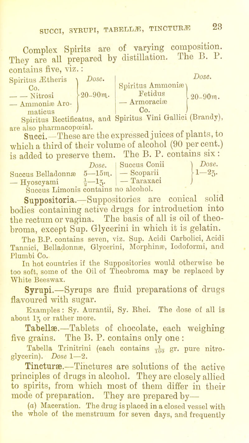 SUCCI, STBUPI, TABETJDtf], TINCTURiR Complex Spirits are of varying composition. They are all prepared by distillation. The B. P. contains five, viz.: Spiritus iEtheris \ Dose. . Dose- Spiritus Ammonias \ 20-90iu. Eetidus L 20-90)ii. — Armoracire ) Co. J Spiritus Reetificatus, and Spiritus Vini Gallici (Brandy), are also pharmacopceial. Sncci.—These are the expressed juices of plants, to which a third of their volume of alcohol (90 per cent.) is added to preserve them. The B. P. contains six : Dose, i Succus Conii ) Dose. Co Nitrosi — Ammonire Aro- maticus Succus Belladonnas 5—15m.. — Scoparii \ 1—25. — Hyoscyami |—15. | — Taraxaci Succus Limonis contains no alcohol. Suppositoria.—Suppositories are conical solid bodies containing active drugs for introduction into the rectum or vagina. The basis of all is oil of theo- broma, except Sap. Glycerini in which it is gelatin. The B.P. contains seven, viz. Sup. Acidi Carbolici, Acidi Tannici, Belladonnas, Glycerini, Morphinre, Iodoformi, and Plumbi Co. In hot countries if the Suppositories would otherwise be too soft, some of the Oil of Theobroma may be replaced by White Beeswax. Syrupi.—Syrups are fluid preparations of drugs flavoured with sugar. Examples: Sy. Aurantii, Sy. Bhei. The dose of all is about I5 or rather more. Tabellse.—Tablets of chocolate, each weighing five grains. The B. P. contains only one : Tabella Trinitrini (each contains ^ gr. pure nitro- glycerin). Dose 1—2. Tincturse.—Tinctures are solutions of the active principles of drugs in alcohol. They are closely allied to spirits, from which most of them differ in their mode of preparation. They are prepared by— (a) Maceration. The drug is placed in a closed vessel with the whole of the menstruum for seven days, and frequently