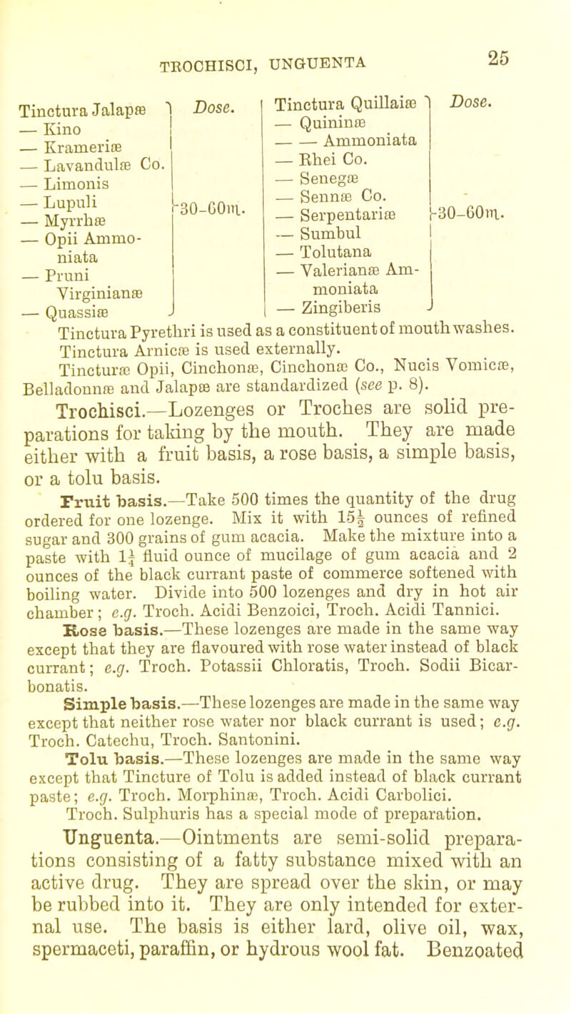 TBOCHISCI, TJNGUENTA Tinctura Jalapas 1 — Kino — Kramerise — Lavandula Co. — Liinonis — Lupuli — Hyrrhse — Opii Ammo- Dose. Tinctura Quillaias  — Quinmas Ammoniata — Bhei Co. — Senegas — Sennas Co. — Serpentarias i — Sumbul — Tolutana — Valerianae Am- Dose. r30-60iTi. niata — Pruni Virginianas — Quassias moniata — Zingiberis Tinctura Pyrethri is used as a constituentof mouthwashes. Tinctura Arnicas is used externally. Tinctura? Opii, Cinchonas, Cinchonas Co., Nucis Vomicae, Belladonnas and Jalapas are standardized (see p. 8). Trocbisci.— Lozenges or Troches are solid pre- parations for taking by the mouth. They are made either with a fruit basis, a rose basis, a simple basis, or a tolu basis. Fruit basis.—Take 500 times the quantity of the drug ordered for one lozenge. Mix it with 15| ounces of refined sugar and 300 grains of gum acacia. Make the mixture into a paste with 1| fluid ounce of mucilage of gum acacia and 2 ounces of the black currant paste of commerce softened with boiling water. Divide into 500 lozenges and dry in hot air chamber; e.g. Troch. Acidi Benzoici, Troch. Acidi Tannici. Rose basis.—These lozenges are made in the same way except that they are flavoured with rose water instead of black currant; e.g. Troch. Potassii Chloratis, Troch. Sodii Bicar- bonatis. Simple basis.—These lozenges are made in the same way except that neither rose water nor black currant is used; e.g. Troch. Catechu, Troch. Santonini. Tolu basis.—These lozenges are made in the same way except that Tincture of Tolu is added instead of black currant paste; e.g. Troch. Morphinas, Troch. Acidi Carbolici. Troch. Sulphuris has a special mode of preparation. Unguenta.—Ointments are semi-solid prepara- tions consisting of a fatty substance mixed with an active drug. They are spread over the skin, or may be rubbed into it. They are only intended for exter- nal use. The basis is either lard, olive oil, wax, spermaceti, paraffin, or hydrous wool fat. Benzoated