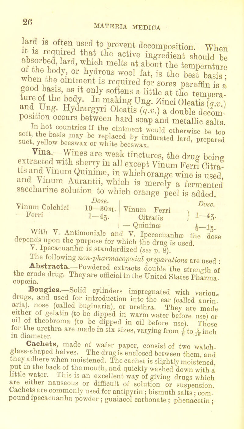 MATERIA MEDICA lard is often used to prevent decomposition. When it is required that the active ingredient should 2 absorbed lard, which melts at about of the body or hydrous wool fat, is the best basis when the ointment is required for sores paiaffin a IZofT'^ °?ly S°?enS a Httle at the temp a tare of the body. In making Ung. Zinci Oleatis (q.v.) TniF8' °ieatis fe-*) a double decom- position occurs between hard soap and metallic salts «„« U countl'ies,if the ointment would otherwise be too soft, the basis may be replaced by indurated lard prepared suet, yellow beeswax or white beeswax. pieparea 0 t Vifa--Wines are weak tinctures, the drug being extracted with sherry m all except Vinum Perri Citra nSrviIinUmAQuin^fe' S whichoran&e wiue ^ used, and Vinum Aurantn, which is merely a fermented saccharine solution to which orange peel is added. Dose. I ri Vinum Colchici 10-30tu. Vinum Ferri , - Fern 1_45. I Citratis } ^S- I — Quinine i is With V Antimoniale and V. Ipecacuanha the do'se depends upon the purpose for which the drug is used V. Ipecacuanha; is standardized (see p. 8). The following non-pharmacopceial preparations are used : AbJst^acta-—Powdered extracts double the strength of the crude drug. They are official in the United States Pharma- copoeia. Bougies.—Solid cylinders impregnated with variou„ drugs, and used for introduction into the ear (called aurin aria), nose (called buginaria), or urethra. They are made either of gelatin (to be dipped in warm water before use) or oil of theobroma (to be dipped in oil before use). Those for the urethra are made in six sizes, varying from 4 to -5-inch m diameter. * 16 Cachets, made of wafer paper, consist of two watch- glass-shaped halves. The drug is enclosed between them and they adhere when moistened. The cachet is slightly moistened, put in the back of the mouth, and quickly washed down with a little water. This is an excellent way of giving drugs which are either nauseous or difficult of solution or suspension Cachets are commonly used for antipyrin ; bismuth salts; com- pound ipecacuanha powder ; guaiacol carbonate; phenacetin ;