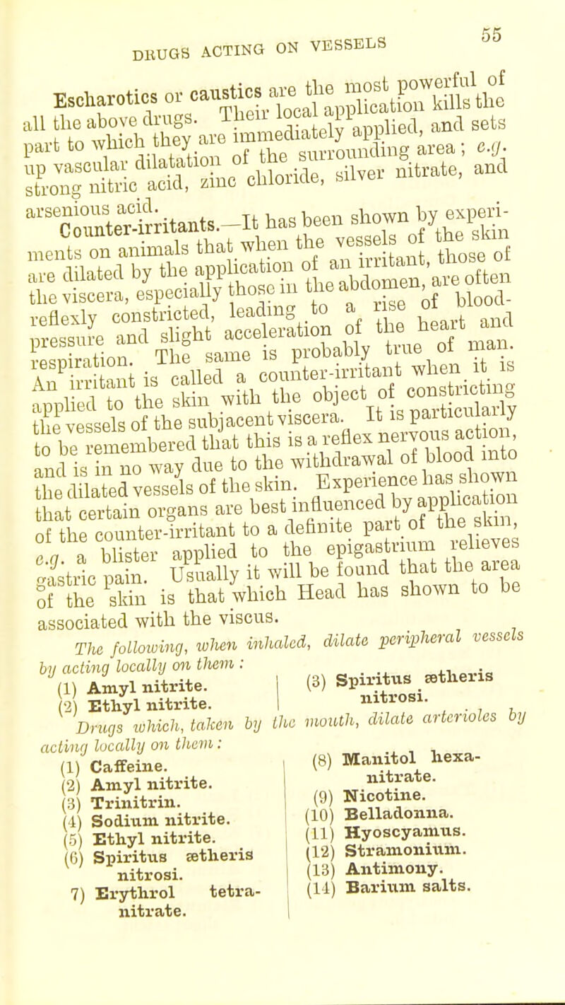 al'Strtelktants.-It has been shown by expgi- men°t°7n animal, that when to- j ?SPira W ia called a counter-irritant when it is and is m^way due to the withdrawal of blood into tbe chlated vessels of the skin. Experience hasi shown hat cetain organs are ^^T^^& nf the counter-irritant to a dehmte part ot tne sian, „ CSer applied to the epigastrium relieves Sstric pa in Usually it will be found that the area the S is that which Head has shown to be associated with the viscus. The following, when inhaled, dilate peripheral vessels by acting locally on them : (1) Amyl nitrite. I (3) Spiritus _ sethens 2 Ethyl nitrite. I »*««. Drugs which, taken by the mouth, dilate arterioles by (8) Manitol hexa- nitrate. (9) Nicotine. acting locally on them: (1) Caffeine. (2) Amyl nitrite (3) Trinitrin. (4) Sodium nitrite. (10) Belladonna. 5 Ethyl nitrite. (H) Hyoscyamus 6 Spiritus wtheris (12) Stramonium. V nitrosi. (13) Antimony. 7) Erythrol tetra- (14) Barium salts, nitrate