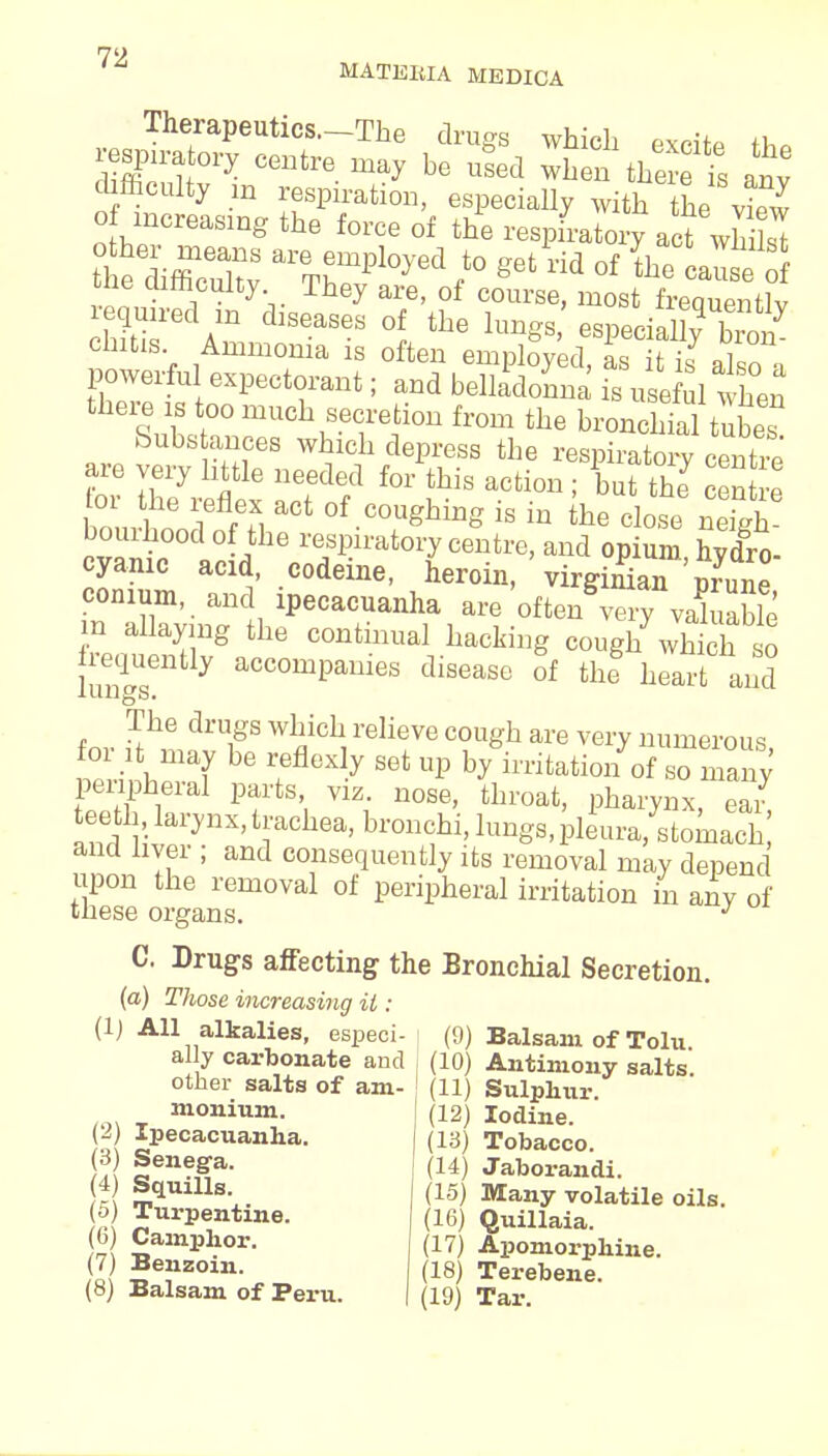 MATERIA MEDICA Therapeutics.—The drugs which exmfp «, respira ory centre may be used Sen there iS any difficulty m respiration, especially with the view o increasmg the force of the respLtory act whiSI the%ffiX *° get rid of {he caut o me cumculty They are, of course, most freauentlv lntirdAln dlSGaSeS °5 the hm8* especial y9 b ny chitis Ammonia is often employed, as it is also i powerful expectorant; and belladonna is uS6ful when there is too much secretion from the bronchial tubes Substances which depress the respiratory cenS are very little needed for this action ; but the cen re blitodffT,act of collshins is in thQ close »S bouihood of the respiratory centre, and opium hydro- cyanic acid codeine, heroin, virgin X° m allaying the continual hacking cough which so frequently accompanies disease of the heart and The drugs which relieve cough are very numerous for it may be reflexly set up by irritation of o many peripheral parts viz. nose, throat, pharynx, ear! teeth, larynx, trachea, bronchi, lungs, pleura, stomach and liver ; and consequently its removal may depend upon the removal of peripheral irritation in any of these organs. J C. Drugs affecting the Bronchial Secretion. (a) Those increasing it; (1) All alkalies, especi- (9) Balsam of Tolu ally carbonate and ; (10) Antimony salts other salts of am- (11) Sulphur monium. | (12) Iodine (2) Ipecacuanha (3) Senega. (4) Squills. (5) Turpentine. (6) Camphor. (13) Tobacco. (14) Jaborandi. (15) Many volatile oils. (16) Quillaia. 0 Camphor. (i7) Apomorphine. ,(J *enzoin- (18) Terebene. («) Balsam of Peru. | (19) Tar.