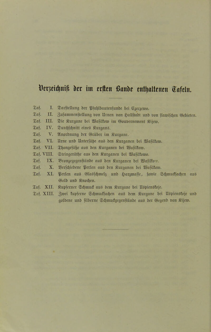 Hcncid)iiifi ber im crßeit ßniibf euilinltcneu (Unfein. £af. I. 2af. II. 2af. III. 2af. IV. £af. V. 2af. VI. £af. VII. Saf. VIII. £af. IX. 2af. X. £af. XI. 2af. XII. £af. XIII. 3)arftcttung bcr ipfaljfbautcnfunbe bei ©jecjcmo. 3ufammenfteHung Dott Urnen non ^allftabt nnb ooit ftaroifdjen (Gebieten. ®ie SEurganc bei SSafilfom im ©ouDerncment ft’ijcm. 3)nrd)fd)nitt eines ÄurganS. Slnorbnung ber ©räber im Äurgane. Urne nnb Unterfäfic auS ben ft'urganeit bei SBaftlfolo. Sfyongefäfec auS ben Äurgancn bei SBafilfom. ©tcingcrätfje aus ben Kurganen bei SBafilforoo. SSronjegegenftänbe aus ben Surganen bei üBafittom. 3Serfd)iebenc perlen aus ben Äurgattcn bei SBafilfom. perlen auS ©laSfdjmeljj unb Jparjntnffe, foiuic ©djmucffadjcn aus ©olb unb Änodjcn. kupferner ©djmuä auS bent Äurgane bei USpicnSfoje. 3iuei fupferne ©d)mucffad)cn auS bem Ä'urganc bei USpicitSfojc unb golbenc unb filbcrne ©djmucfgegenftänbe auS ber ©cgcitb Don Äijcm.