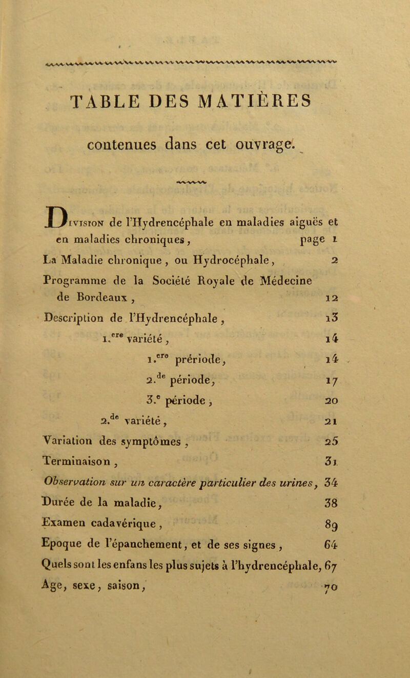 „ w w vwv> k. vwvvvwwv^w TABLE DES MATIÈRES contenues dans cet ouvrage. D iviston de l’Hydrencépliale en maladies aiguës et en maladies chroniques, page 1 La Maladie chronique , ou Hydrocéphale, 2 Programme de la Sociélé Royale de Médecine de Bordeaux , Description de l’Hydrencéphale, i.ere variété, 1. ero prériode, 2. de période, 3. c période , 2.de variété, 12 13 14 i4 17 20 21 Variation des symptômes , 25 Terminaison, 3j Observation sur un caractère particulier des urines, 34 Durée de la maladie, 38 Examen cadavérique , 8g Epoque de l’épanchement, et de ses signes, 64 Quels sont les enfans les plus sujets à l’hydrencépliale, 67 Age, sexe, saison, no