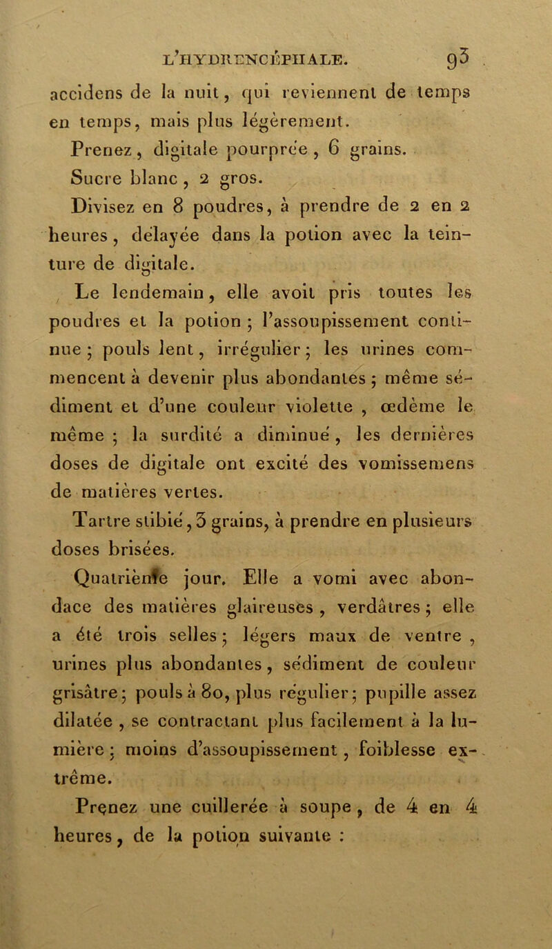 accidens de la nuit, qui reviennent de temps en temps, mais plus légèrement. Prenez, digitale pourprée , 6 grains. Sucre blanc , 2 gros. Divisez en 8 poudres, à prendre de 2 en 2 heures , délayée dans la potion avec la tein- ture de digitale. Le lendemain, elle avoil pris toutes les poudres et la potion ; l’assoupissement conti- nue ; pouls lent, irrégulier; les urines com- mencent à devenir plus abondantes ; même sé- diment et d’une couleur violette , œdème le même ; la surdité a diminué, les dernières doses de digitale ont excité des vomissemens de matières vertes. Tartre slibié,5 grains, à prendre en plusieurs doses brisées. Quatriènfe jour. Elle a vomi avec abon- dace des matières glaireuses , verdâtres ; elle a été trois selles ; légers maux de ventre , urines plus abondantes, sédiment de couleur grisâtre; pouls à 80, plus régulier; pupille assez dilatée , se contractant plus facilement à la lu- mière : moins d’assoupissement, foiblesse ex- trême. Prenez une cuillerée à soupe , de 4 en 4 heures, de la potion suivante :