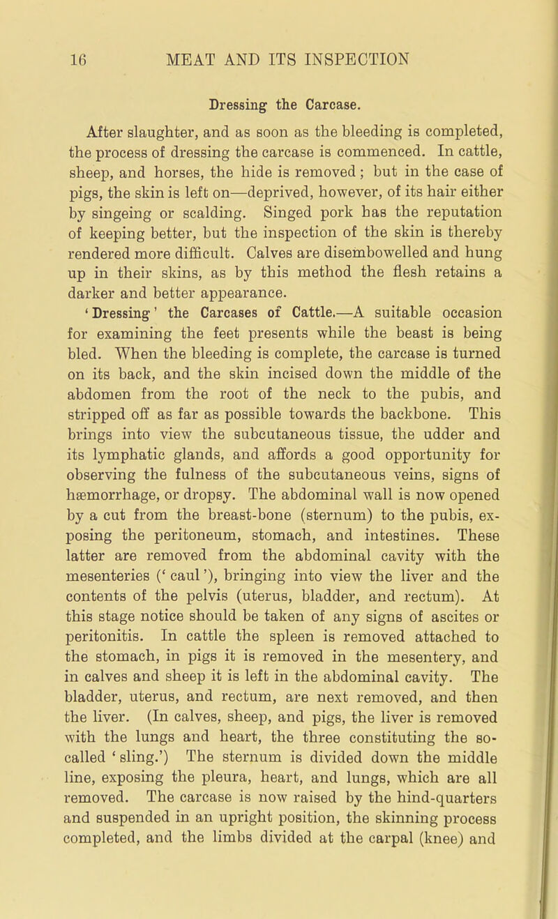 Dressing the Carcase, After slaughter, and as soon as the bleeding is completed, the process of dressing the carcase is commenced. In cattle, sheep, and horses, the hide is removed; but in the case of pigs, the skin is left on—deprived, however, of its hair either by singeing or scalding. Singed pork has the reputation of keeping better, but the inspection of the skin is thereby rendered more difficult. Calves are disembowelled and hung up in their skins, as by this method the flesh retains a darker and better appearance. ' Dressing' the Carcases of Cattle.—A suitable occasion for examining the feet presents while the beast is being bled. When the bleeding is complete, the carcase is turned on its back, and the skin incised down the middle of the abdomen from the root of the neck to the pubis, and stripped off as far as possible towards the backbone. This brings into view the subcutaneous tissue, the udder and its lymphatic glands, and affords a good opportunity for observing the fulness of the subcutaneous veins, signs of haemorrhage, or dropsy. The abdominal wall is now opened by a cut from the breast-bone (sternum) to the pubis, ex- posing the peritoneum, stomach, and intestines. These latter are removed from the abdominal cavity with the mesenteries (' caul'), bringing into view the liver and the contents of the pelvis (uterus, bladder, and rectum). At this stage notice should be taken of any signs of ascites or peritonitis. In cattle the spleen is removed attached to the stomach, in pigs it is removed in the mesentery, and in calves and sheep it is left in the abdominal cavity. The bladder, uterus, and rectum, are next removed, and then the liver. (In calves, sheep, and pigs, the liver is removed with the lungs and heart, the three constituting the so- called ' sling.') The sternum is divided down the middle line, exposing the pleura, heart, and lungs, which are all removed. The carcase is now raised by the hind-quarters and suspended in an upright position, the skinning process completed, and the limbs divided at the carpal (knee) and