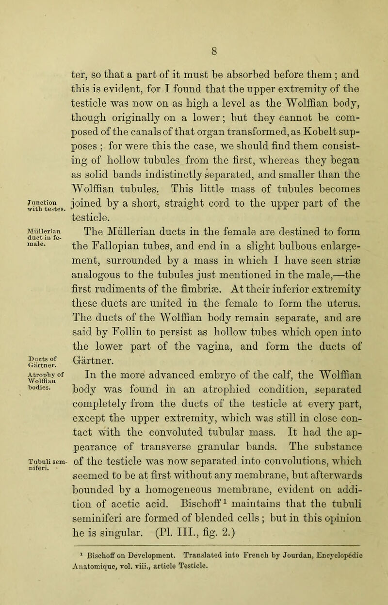 Junction with te?tes. Mullerian duct in fe- male. Dncts of Gartner. Atrophy of Wolffian bodies. Tubnli sem- niferi. ter, so that a part of it must be absorbed before them ; and this is evident, for I found that the upper extremity of the testicle was now on as high a level as the Wolffian body, though originally on a lower; but they cannot be com- posed of the canals of that organ transformed, as Kobelt sup- poses ; for were this the case, we should find them consist- ing of hollow tubules from the first, whereas they began as solid bands indistinctly separated, and smaller than the Wolffian tubules. This little mass of tubules becomes joined by a short, straight cord to the upper part of the testicle. The Mullerian ducts in the female are destined to form the Fallopian tubes, and end in a slight bulbous enlarge- ment, surrounded by a mass in which I have seen striae analogous to the tubules just mentioned in the male,—the first rudiments of the fimbriae. At their inferior extremity these ducts are united in the female to form the uterus. The ducts of the Wolffian body remain separate, and are said by Follin to persist as hollow tubes which open into the lower part of the vagina, and form the ducts of Gartner. In the more advanced embryo of the calf, the Wolffian body was found in an atrophied condition, separated completely from the ducts of the testicle at every part, except the upper extremity, which was still in close con- tact with the convoluted tubular mass. It had the ap- pearance of transverse granular hands. The substance of the testicle was now separated into convolutions, which seemed to he at first without any membrane, but afterwards hounded by a homogeneous membrane, evident on addi- tion of acetic acid. Bischoff1 maintains that the tuhuli seminiferi are formed of blended cells ; hut in this opinion he is singular. (PL III., fig. 2.) 1 Bischoff on Development. Translated into French by Jourdan, Encyclopedic .Anatomique, vol. viii., article Testicle.