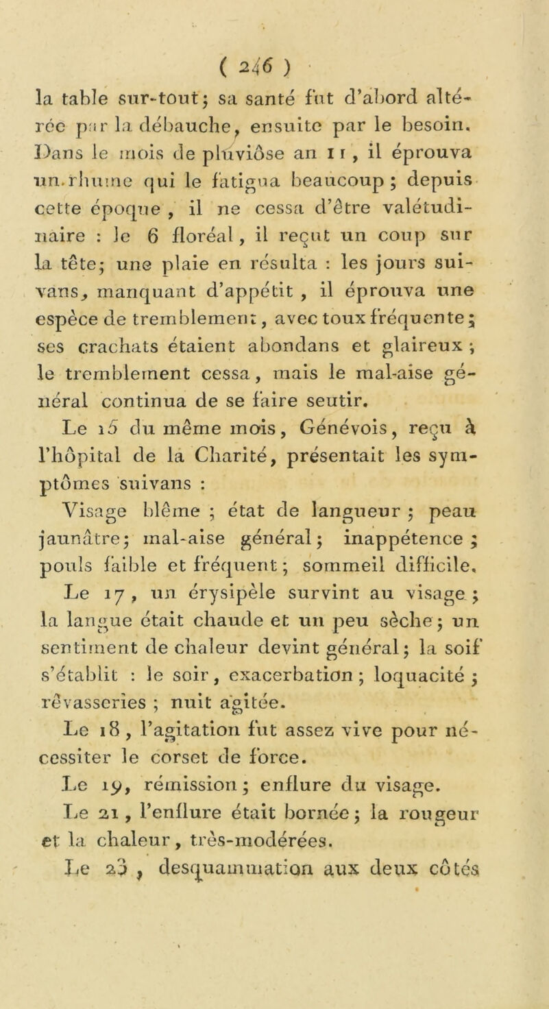 la table sur-tout; sa santé fut d’abord alté- rée pnr la débauche, ensuite par le besoin. Dans le mois de pluviôse an 11, il éprouva un.rhume qui le fatigua beaucoup; depuis cette époque , il ne cessa d’être valétudi- naire : le 6 floréal, il reçut un coup sur la tête; une plaie en résulta : les jours sui- vans^ manquant d’appétit , il éprouva une espèce de tremblement, avec toux fréquente ; scs crachats étaient abondans et glaireux ; le tremblement cessa, mais le mal-aise gé- néral continua de se faire seutir. Le 15 du même mois, Génévois, reçu à l’hôpital de la Charité, présentait les sym- ptômes suivans : Visage blême ; état de langueur ; peau jaunâtre; inal-aise général; inappétence; pouls faible et fréquent ; sommeil difficile. Le 17, un érysipèle survint au visage ; la langue était chaude et un peu sèche; un sentiment de chaleur devint général; la soif s’établit : le soir, exacerbation; loquacité; rêvasseries ; nuit agitée. Le 18 , l’agitation fut assez vive pour né- cessiter le corset de force. Le iy, rémission; enflure du visage. Le 2,1, l’enflure était bornée; la rougeur et la chaleur, très-modérées. Le 20 f desquammation aux deux côtés