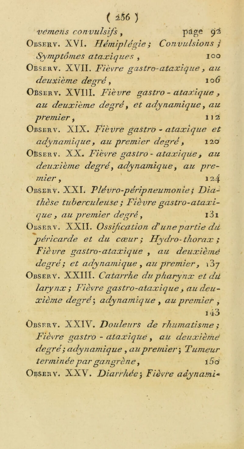 vémens con vulsifs , pâge 9^ Oeserv. XVI. Hémiplégie ; Con vulsions j Symptômes ataxiques , ioo Observ. XVII. Fièvre gastro-ataxique y au deuxième degré, 106 Observ. XVIII. Fièvre gastro - ataxique y au deuxième degré, adynamique, æzz premier i 112 Observ. XIX. Fièvre gastro - ataxique et adynautique , au premier degré y 120 Oèserv. XX. Fièvre gastro - ataxique, au deuxième degré, ady nautique, mier, 124 Observ. XXI. Plévro-péripneumonie; Dia- thèse tuberculeuse ; Fiè vre gastro-ataxi- que y au premier degré, 131 Oeserv. XXII. Ossification d'unepartie dit péricarde et du cœur; Hydro-thorax ; Fièvre gastro-ataxique , au deuxièmé degré; et ady nanti que , au premier, 1 07 Observ. XXIII. Catarrhe du pharynx et du larynx ; Fièvre gastro-ataxique > au deu- xième degré^ adynamique , au premier , ■ ' r2 143 Observ. XXIV. Douleurs de rhumatisme ; Fièvre gastro - ataxique , au deuxièmé degré ; adynamique , au premier; Fumeur terminée par gangrèn e , 15o’ Observ. XXV. Diarrhée; Fièvre ady nantie