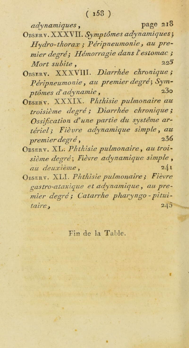( >58 ) adynamiques, page 2I^ Observ. XXXVII. Symptômes adynamiques; H<ydro-thorax ; Péripneumonie, au pre- mier degré; Hémorragie dans l'estomac ; Mort subite, . Observ. XXXVIII. Diarrhée chronique; Péripneumonie, premier degré ; Sym- ptômes d'adynamie, dôo Observ. XXXIX. Phthisie pulmonaire au troisième degré; Diarrhée chronique; Ossification d'une partie du système ar- tériel ; Fièvre adynamique simple, au premier degr é, 2.36 Observ. XL. Phthisie pulmonaire, au troi- sième degré ; Fièvre adynamique simple , au deuxième y 241 Observ. XLI. Phthisie pulmonaire ; Fièvre gastro-ataxique et adynamique, au pre- mier degré ; Catarrhe pharyngo - pitui- taire j, 24 a Fin de la Table. 1 *